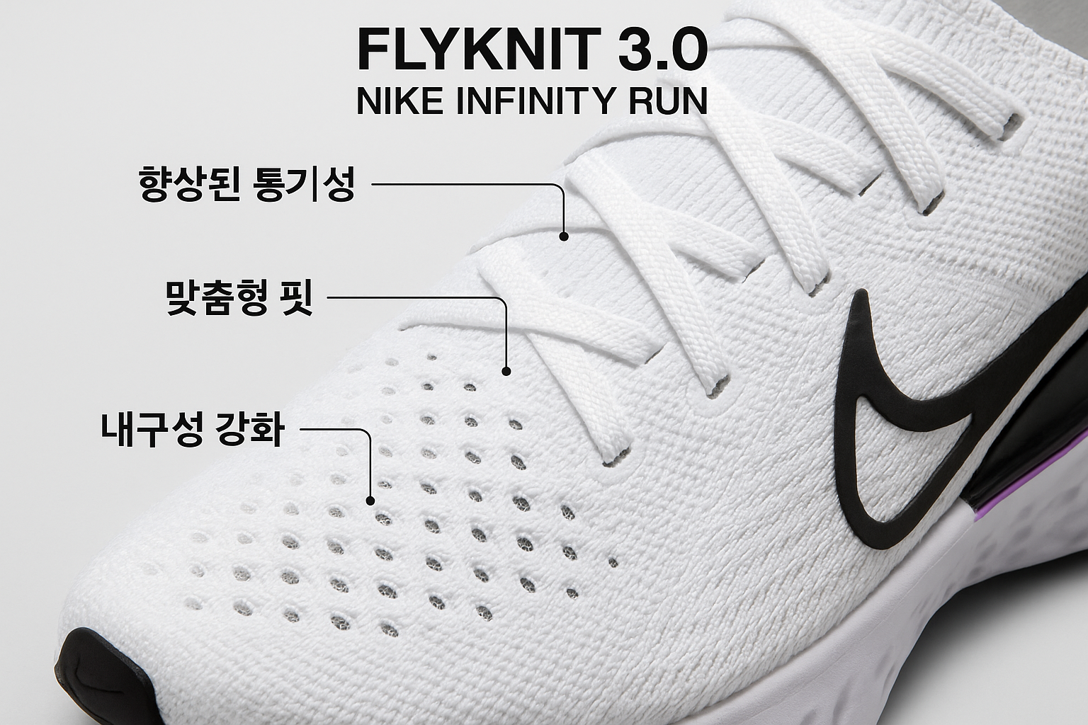 Square product detail image (1024x1024) showcasing the Flyknit 3.0 upper material of the Nike Infinity Run. Close-up shot highlighting the b
