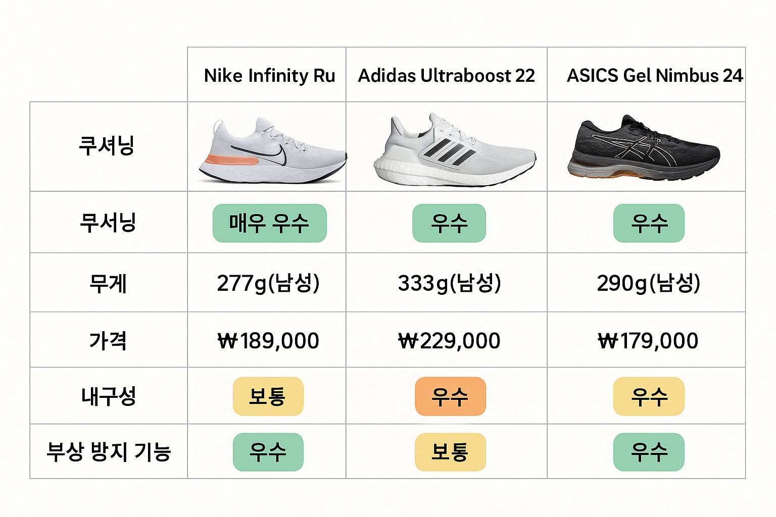 Landscape comparison chart (1536x1024) showing Nike Infinity Run vs competitors (Adidas Ultraboost 22 and ASICS Gel Nimbus 24). Create a det