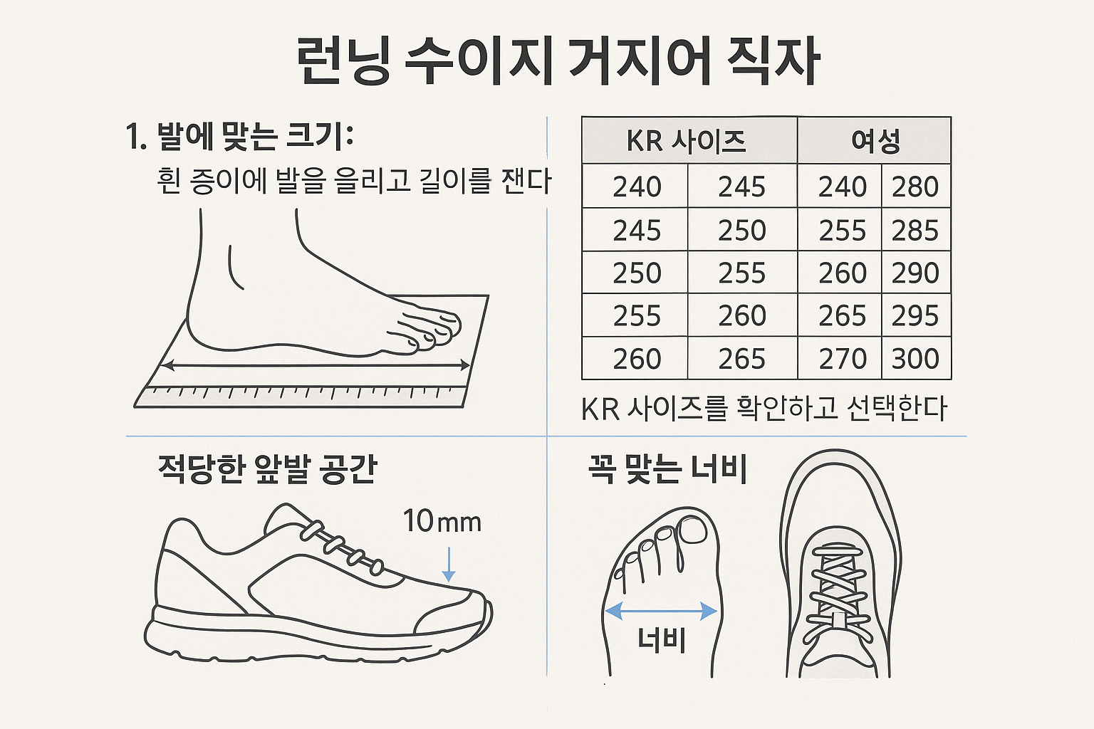 Square size guide infographic (1024x1024) showing proper running shoe fitting guide. Include foot measurement illustrations, size conversion