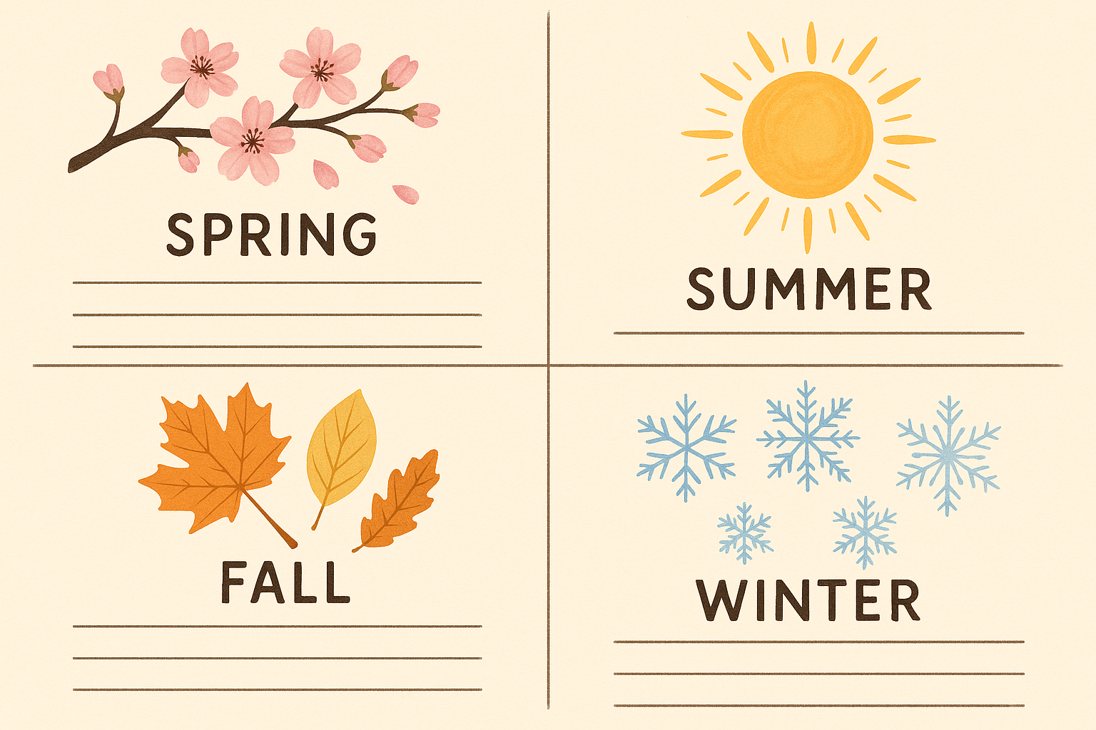 Create a 1536x1024 landscape image showing a seasonal journaling concept with four journal sections representing spring, summer, fall, and w