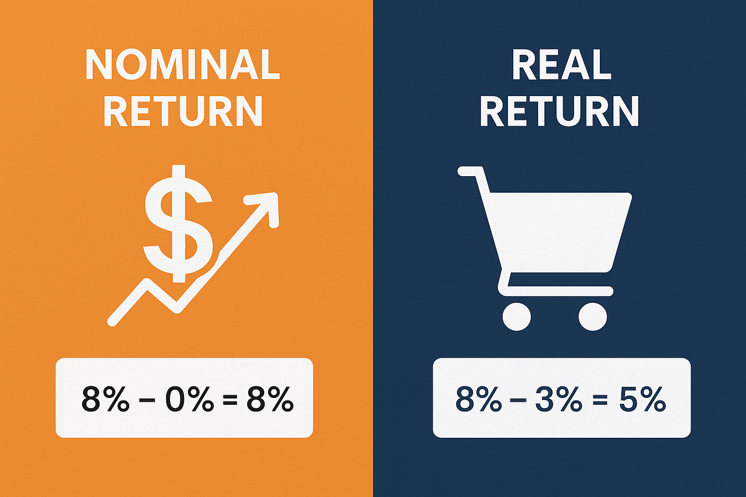 Landscape infographic 1536x1024 comparing nominal return vs real return. Split-screen design with "Nominal Return" on left in orange and "Re