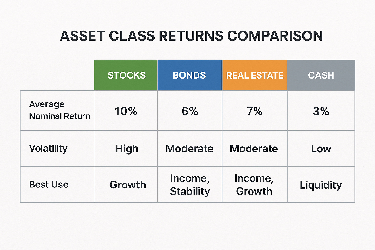 Landscape comparison table 1536x1024 showing historical nominal returns across different asset classes. Professional table design with colum