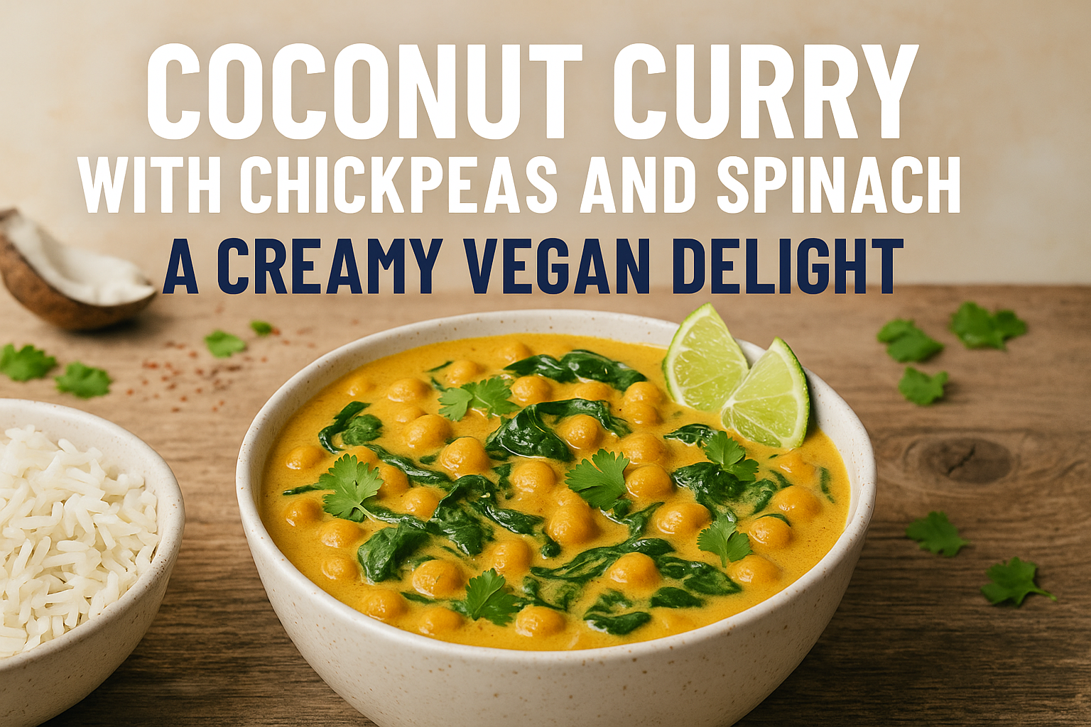A stunning landscape cover image (1536x1024) featuring a beautiful bowl of creamy coconut curry with chickpeas and vibrant green spinach, ga