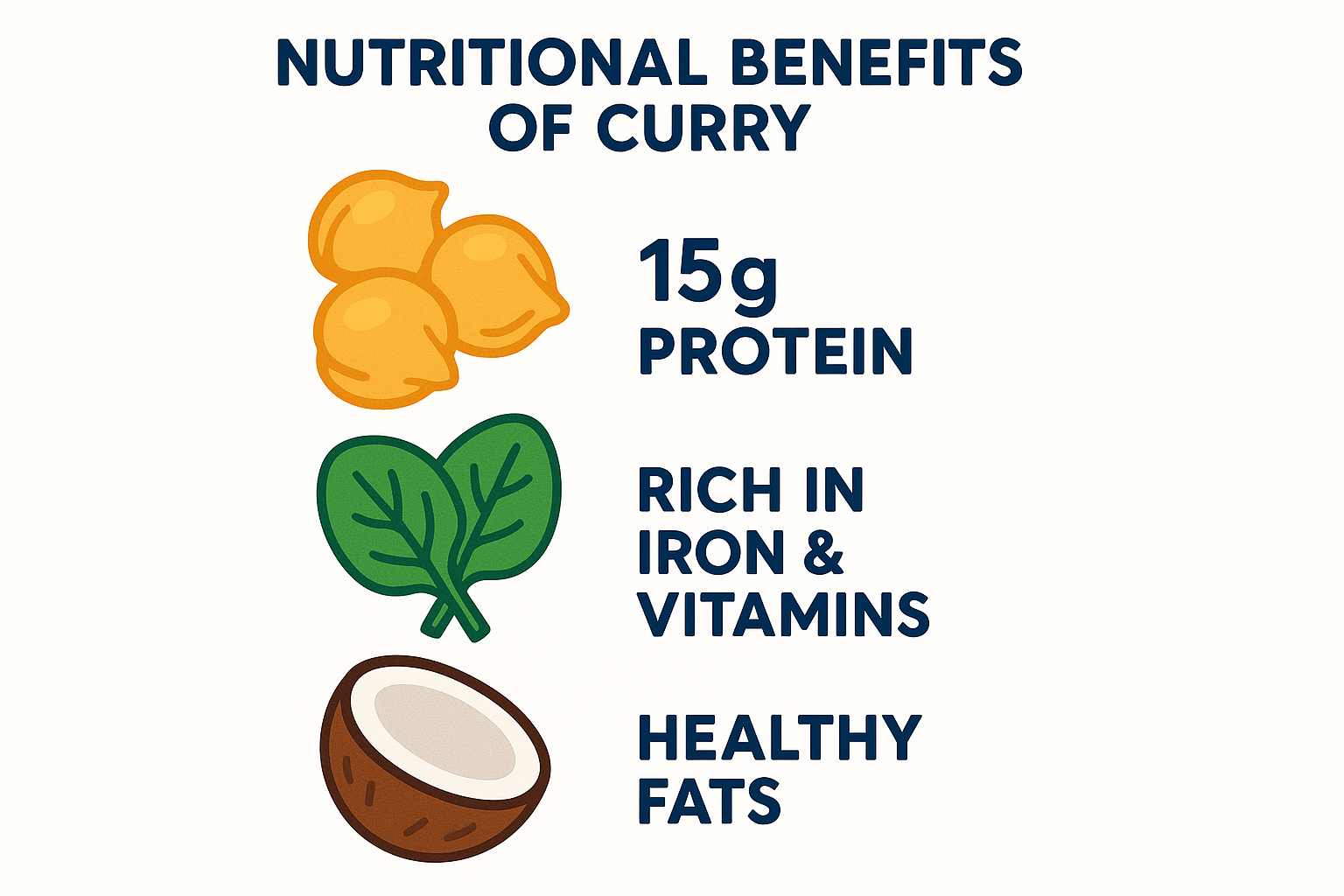 A vibrant square infographic (1024x1024) showing the nutritional benefits of the curry. Split into three sections with colorful icons: top s