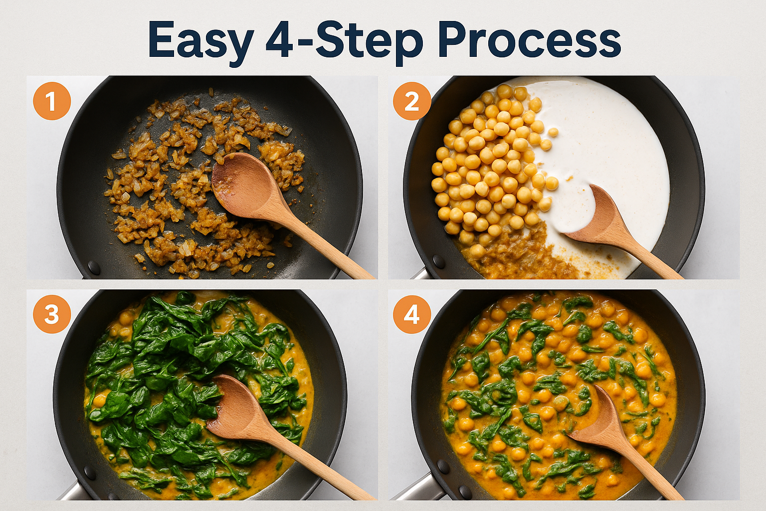 A beautiful landscape image (1536x1024) displaying a step-by-step visual guide with 4 panels showing the cooking process: Panel 1 shows saut