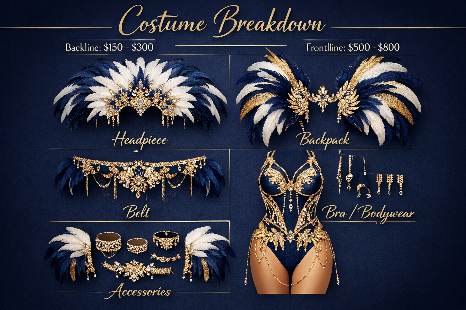 1024x1024 square format Create an elegant costume elements breakdown image showing the components of a carnival costume: headpiece, backpack