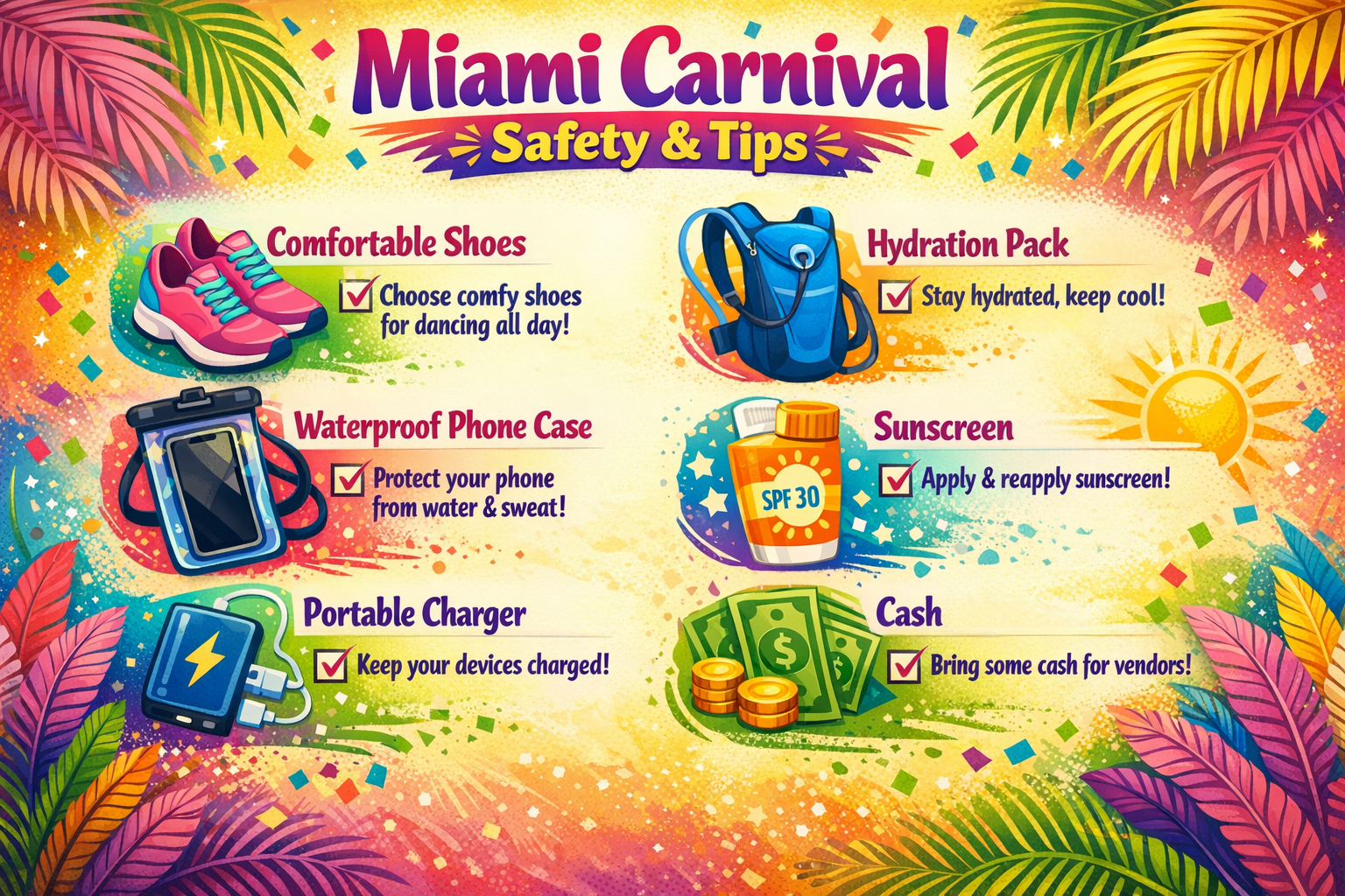 1536x1024 landscape format Design a Miami carnival safety and tips infographic featuring essential items for carnival day: comfortable shoes