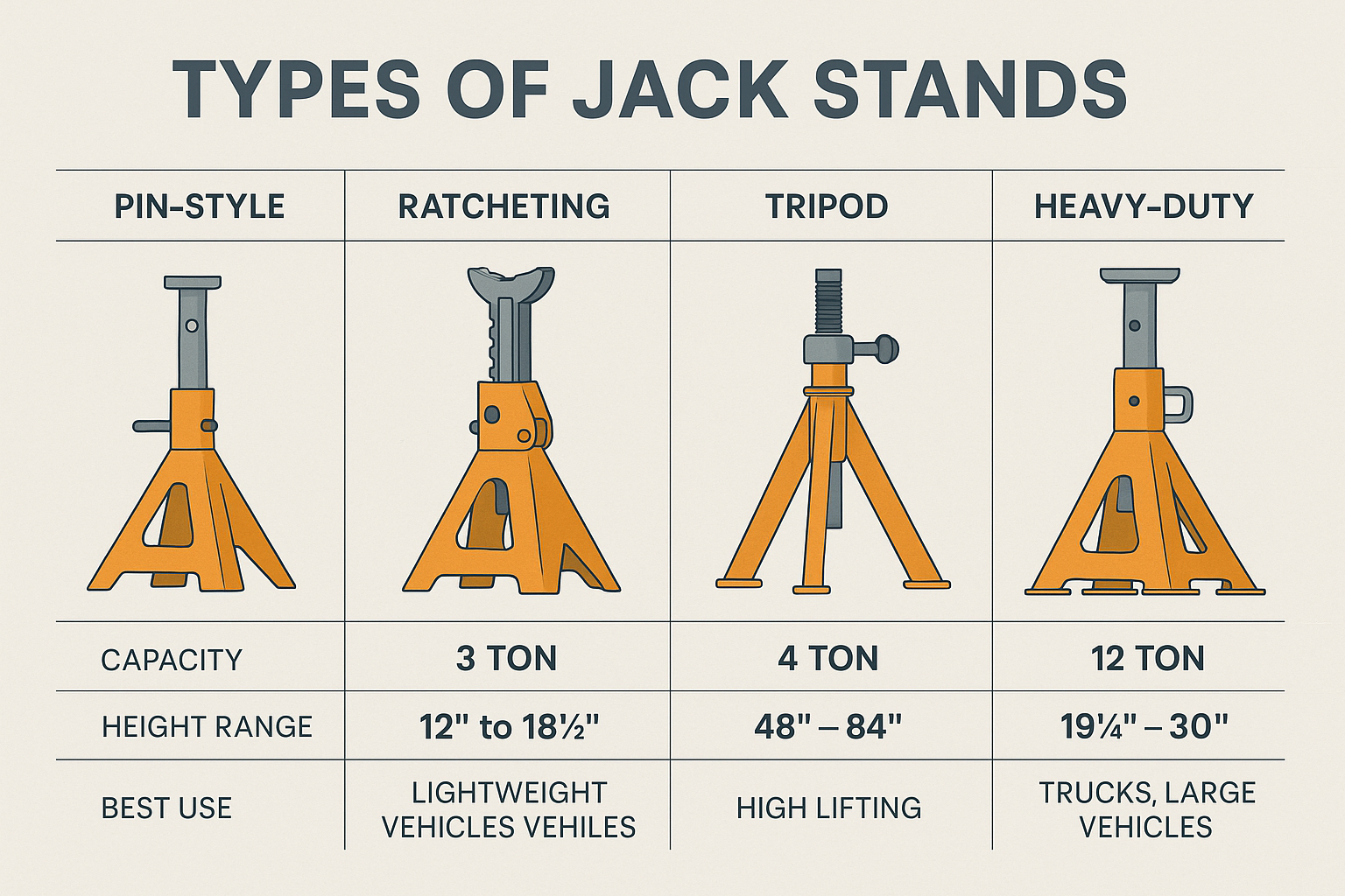Create a detailed infographic in 1536x1024 landscape format showing different types of jack stands (pin-style, ratcheting, tripod, heavy-dut