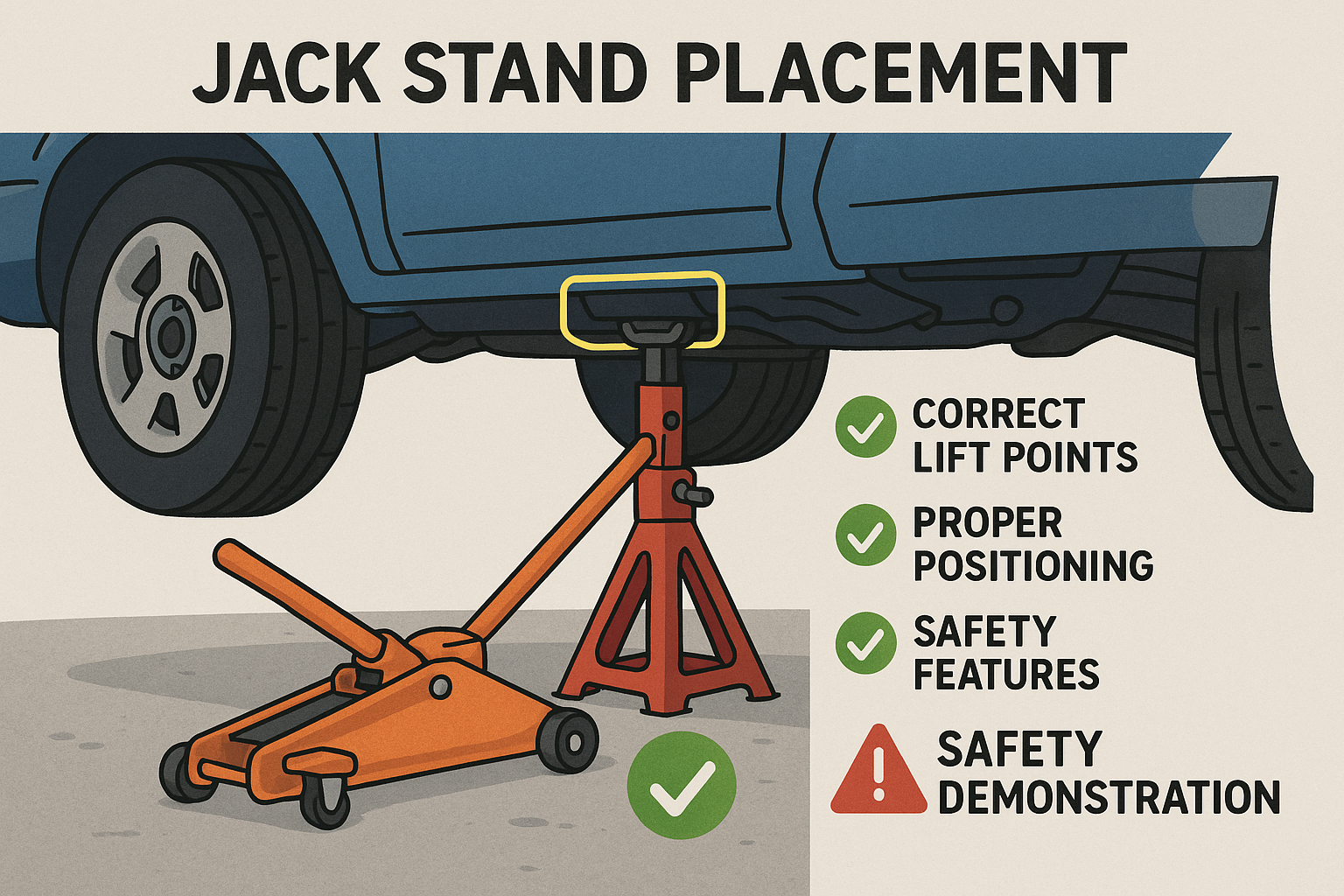 Create a safety demonstration image in 1024x1024 square format showing proper jack stand placement under a vehicle. Highlight correct lift p
