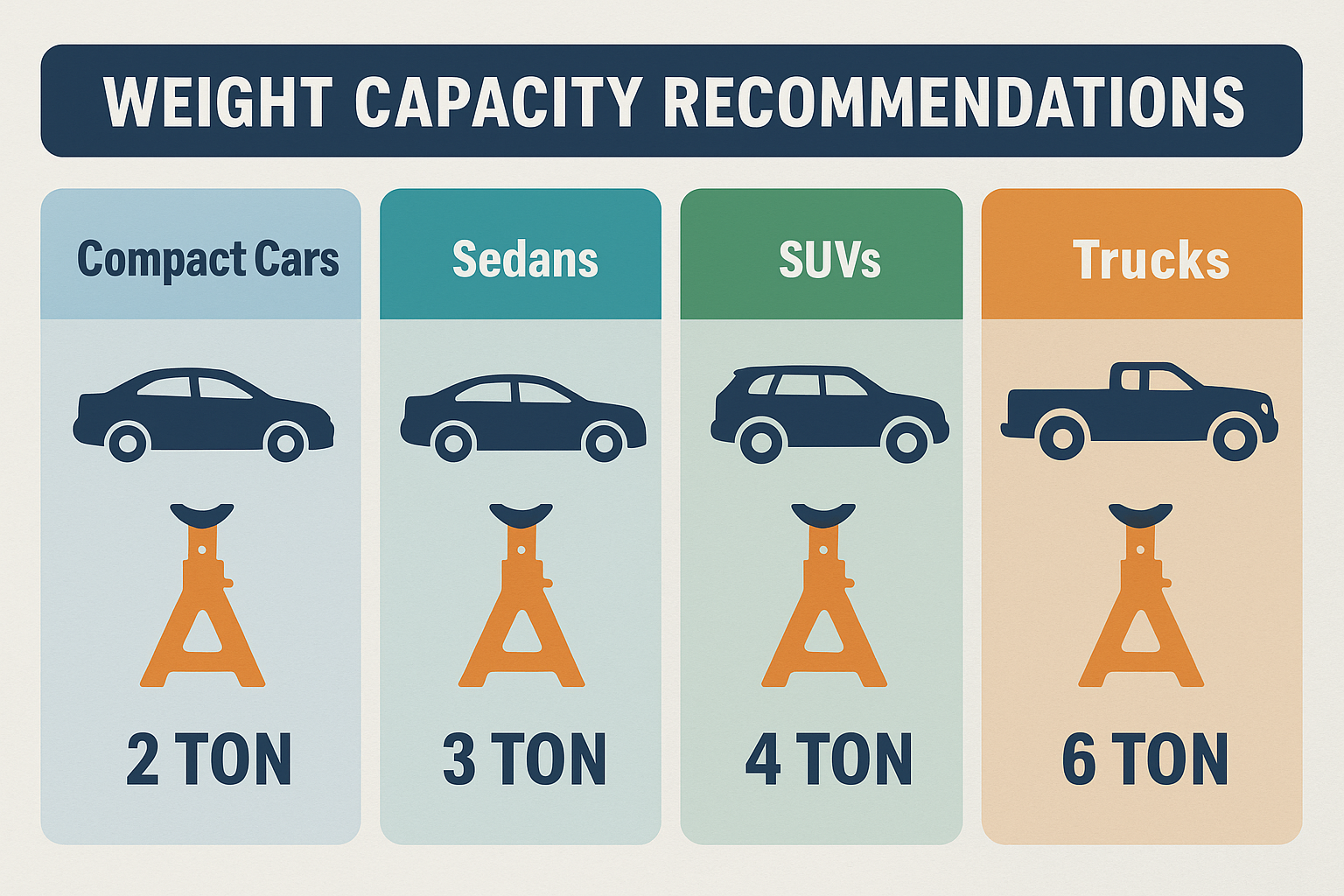 Create a comparison chart in 1536x1024 landscape format showing weight capacity recommendations for different vehicle types (compact cars, s
