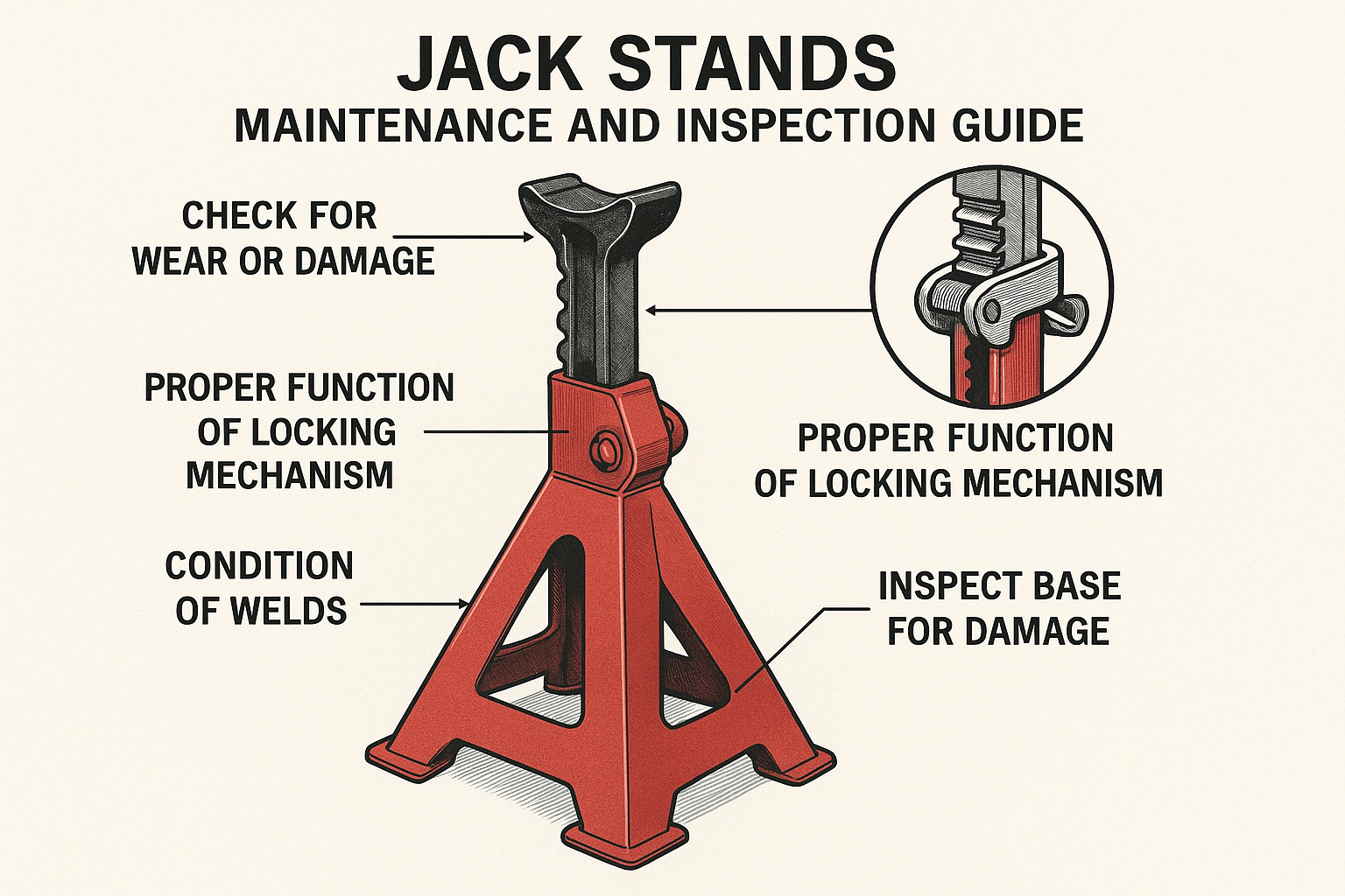 Create a maintenance and inspection guide image in 1024x1024 square format showing key inspection points on jack stands. Highlight areas to 