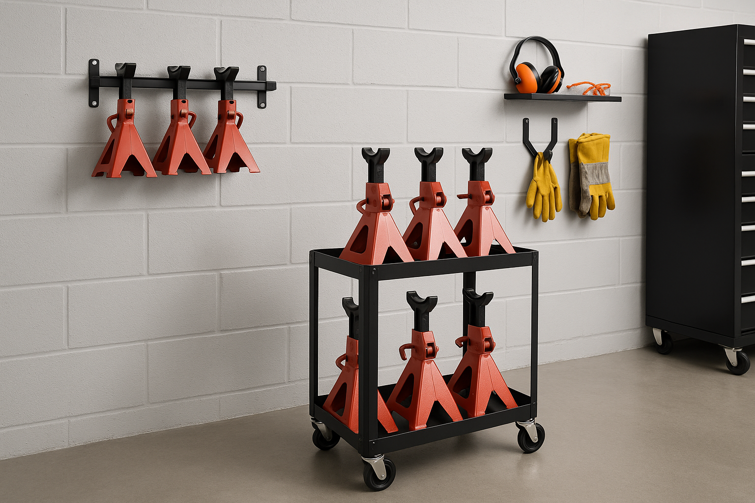Create a garage setup image in 1536x1024 landscape format showing proper jack stand storage and organization solutions. Include wall-mounted