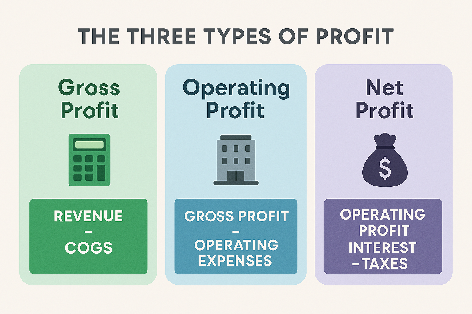 An infographic (1536x1024 landscape) showing "The Three Types of Profit" with three distinct sections. Left section shows "Gross Profit" wit