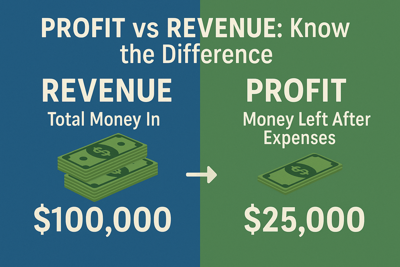 A visual comparison chart (1536x1024 landscape) titled "Profit vs Revenue: Know the Difference" split down the middle. Left side shows "REVE