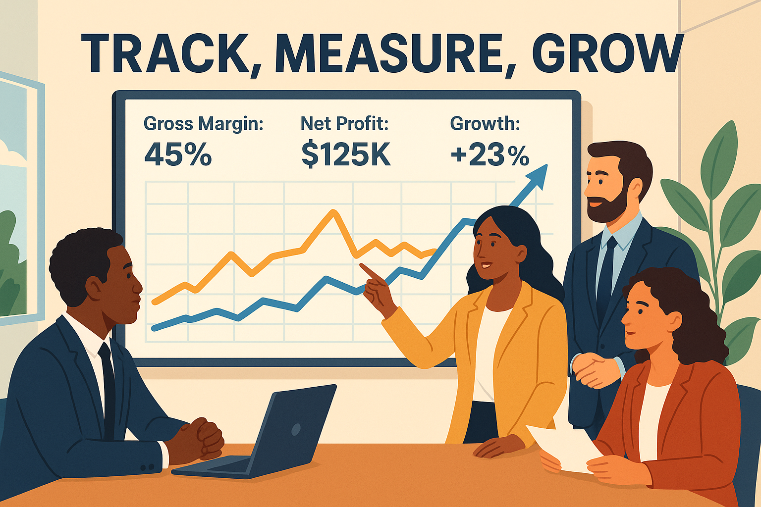 A professional business scene illustration (1536x1024 landscape) showing a diverse group of entrepreneurs analyzing profit charts on a large