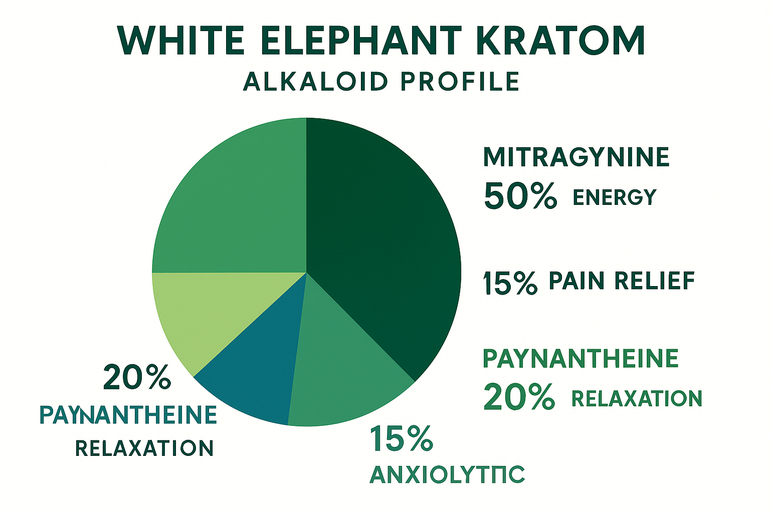 Design a 1024x1024 square infographic showing the alkaloid profile of White Elephant Kratom. Display a circular chart with different colored