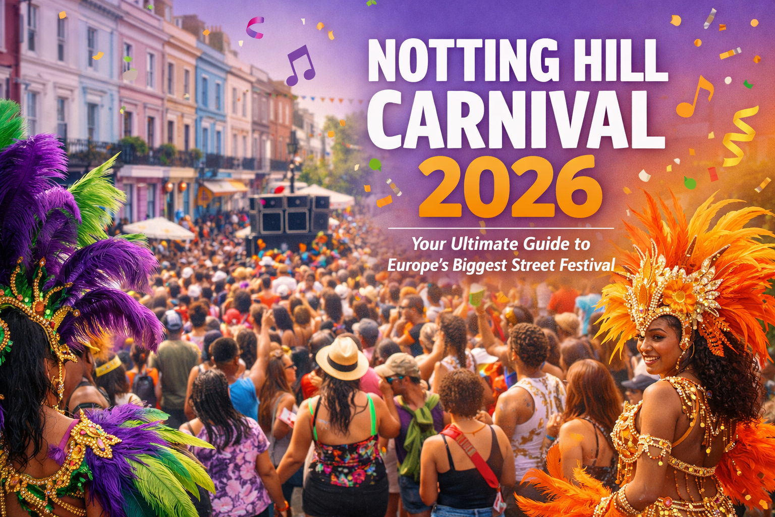 Cover image in 1536x1024 landscape format showing a vibrant scene of Notting Hill Carnival with colorful feathered costumes in the foregroun