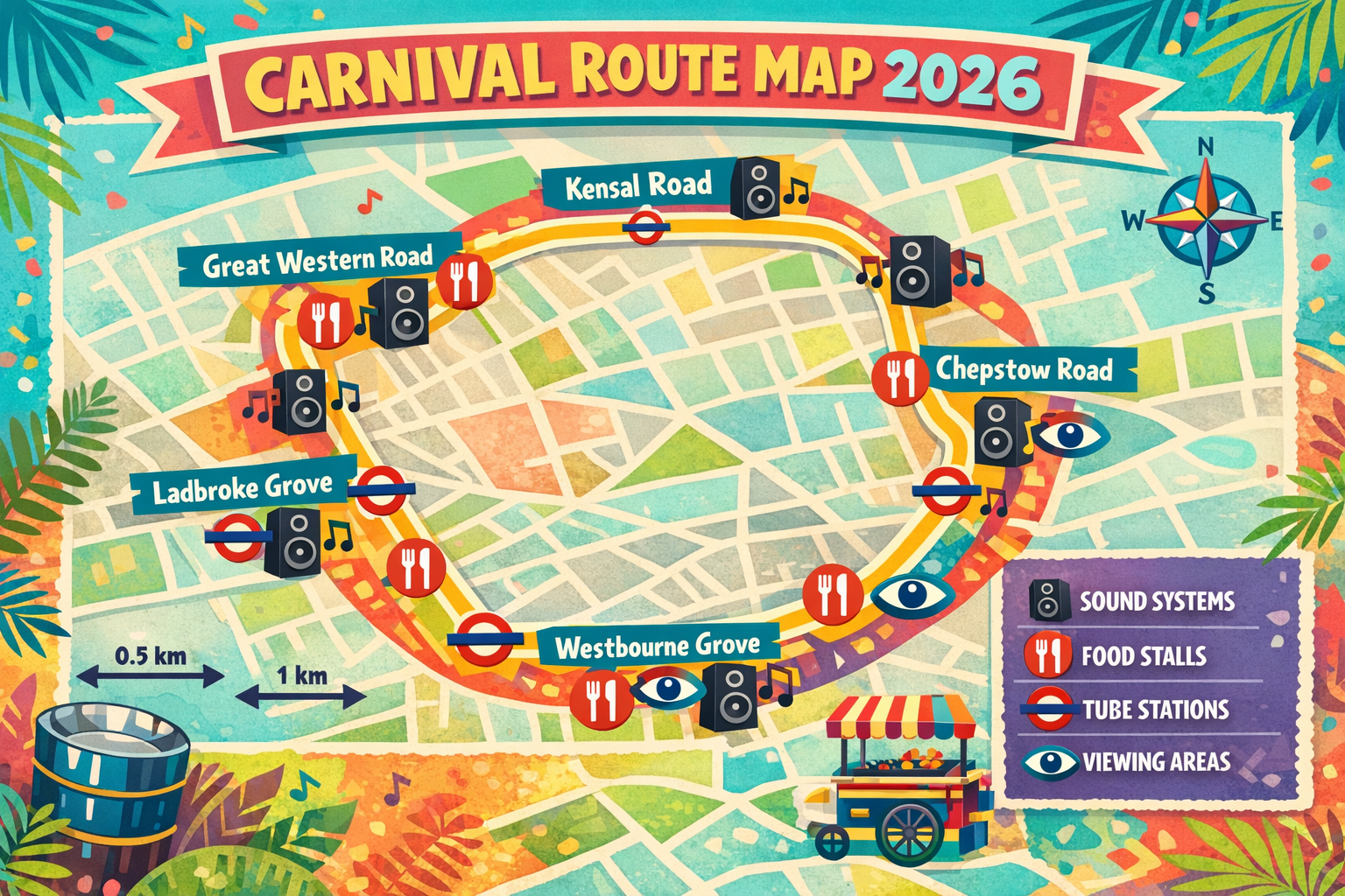 Infographic in 1536x1024 landscape format showing a colorful map/layout of the Notting Hill Carnival parade route. Display the main streets