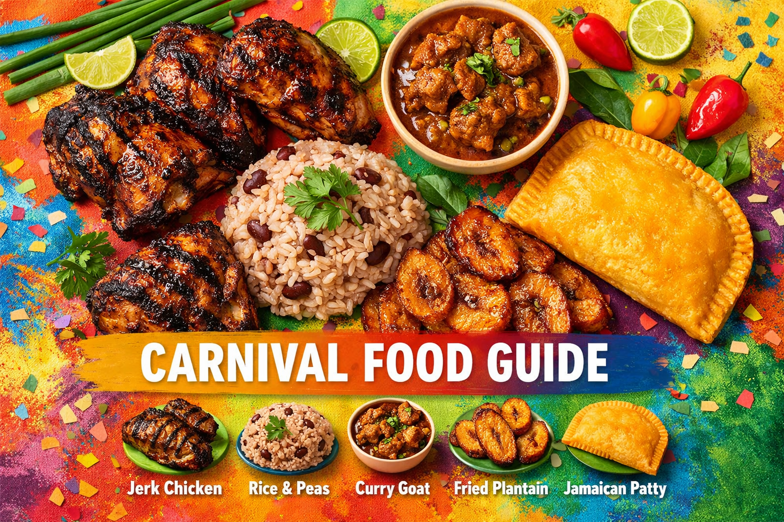 Square 1024x1024 image showing a beautifully plated selection of Caribbean carnival food arranged artistically on a colorful surface. Includ