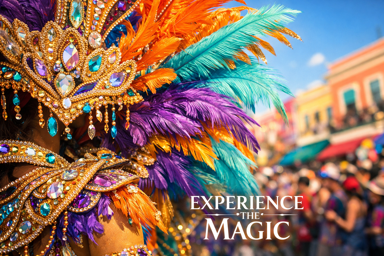 Square 1024x1024 image showing a close-up of spectacular carnival costume details – vibrant feathers in purple, orange, turquoise, and gold,