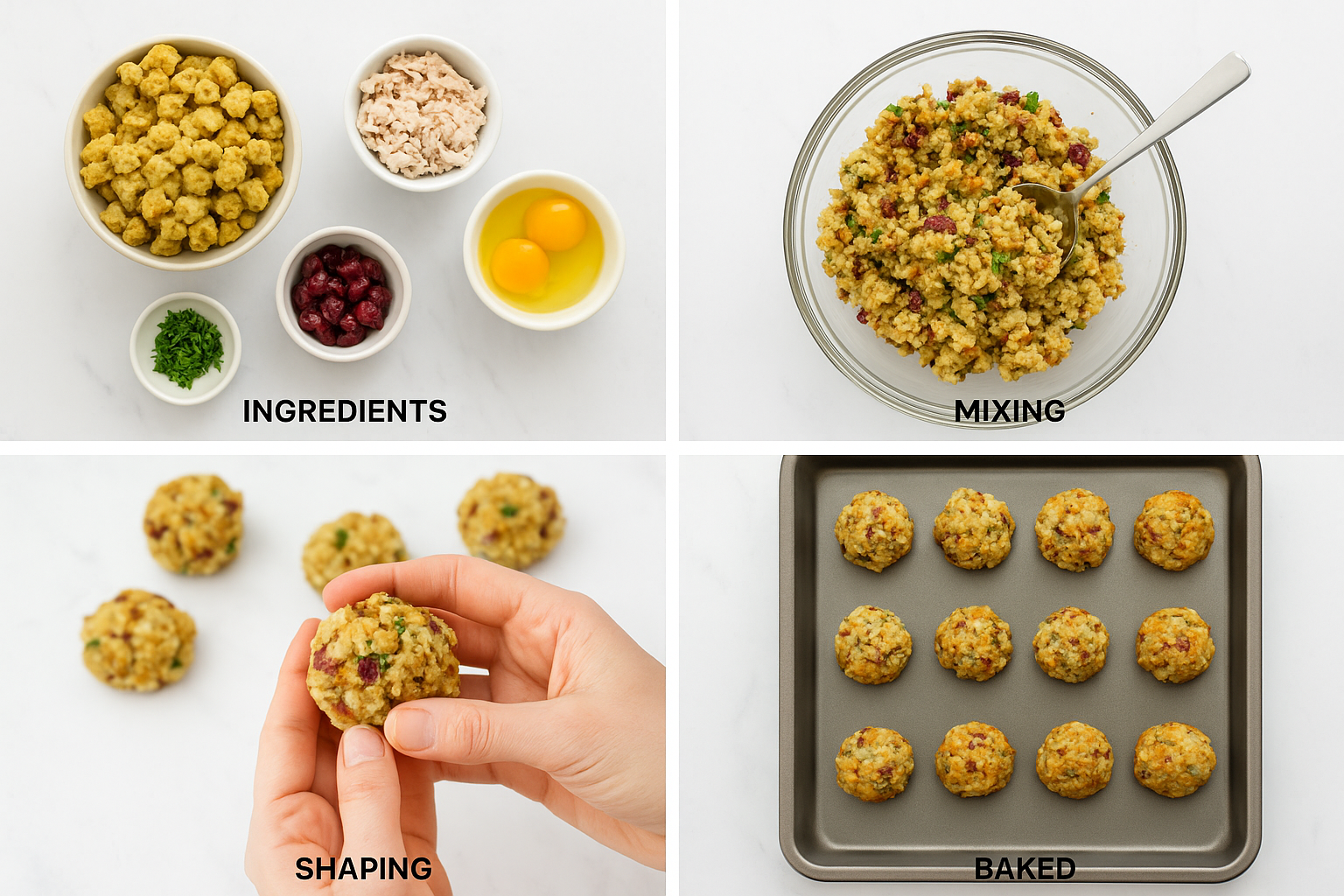 Create a 1024x1024 square image showing the step-by-step process of making stuffing balls. Display four sections: 1) ingredients laid out (s