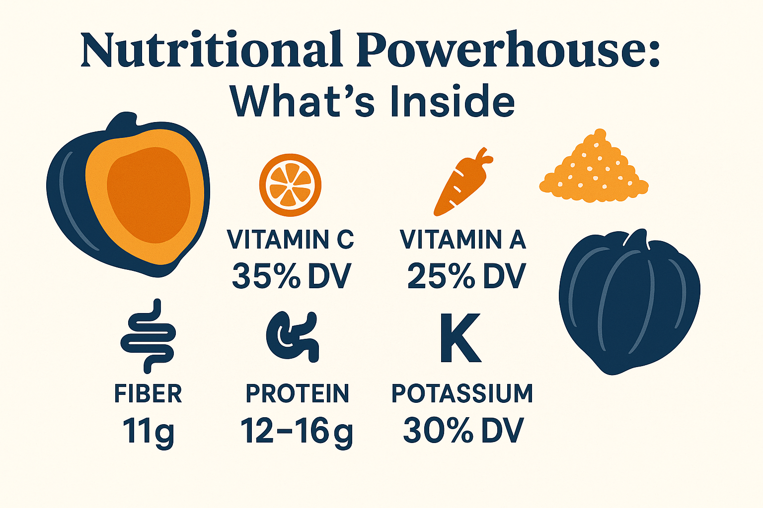 Create a 1536x1024 landscape infographic showing the nutritional benefits of quinoa stuffed acorn squash. Display a visual breakdown with ic