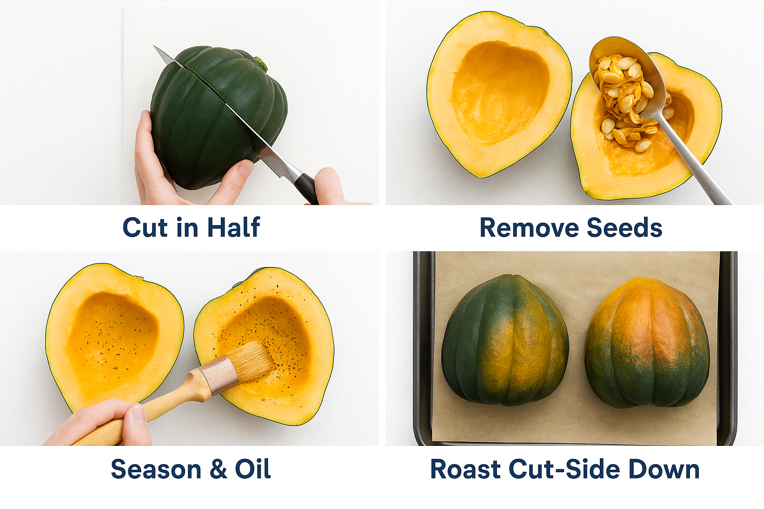 Create a 1024x1024 square image showing a step-by-step visual guide for preparing acorn squash. Display four clean, well-lit photographs in 