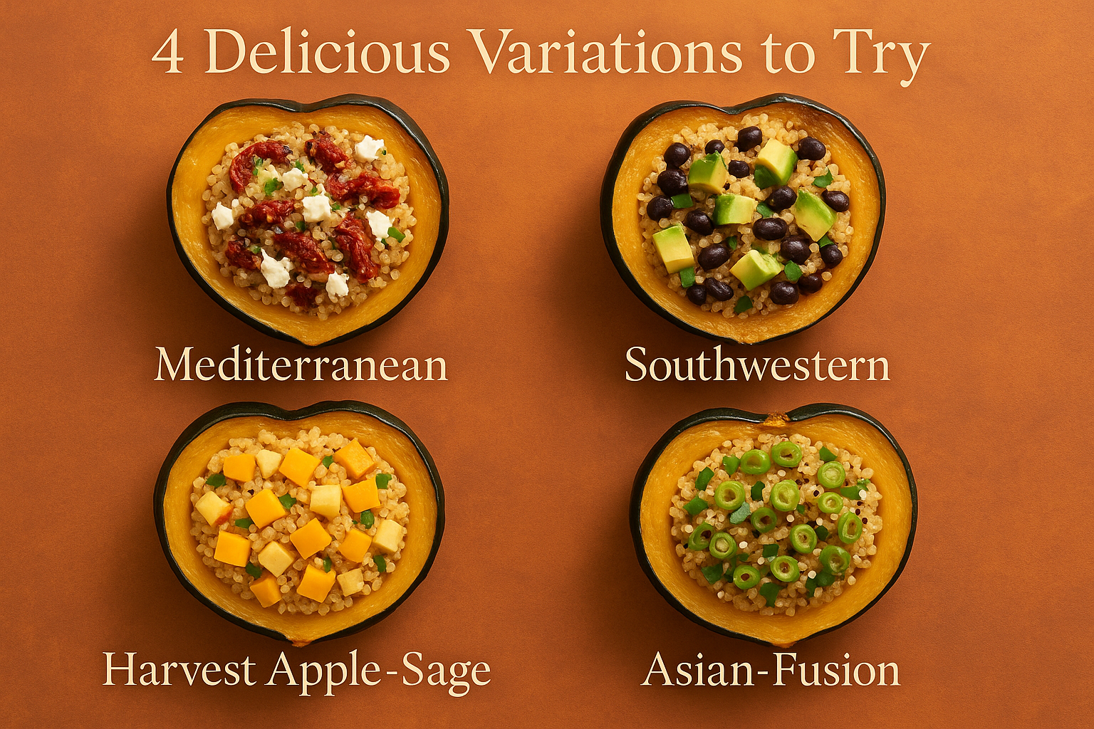 Create a 1536x1024 landscape image displaying four creative variations of quinoa stuffed acorn squash arranged in a beautiful flat lay compo