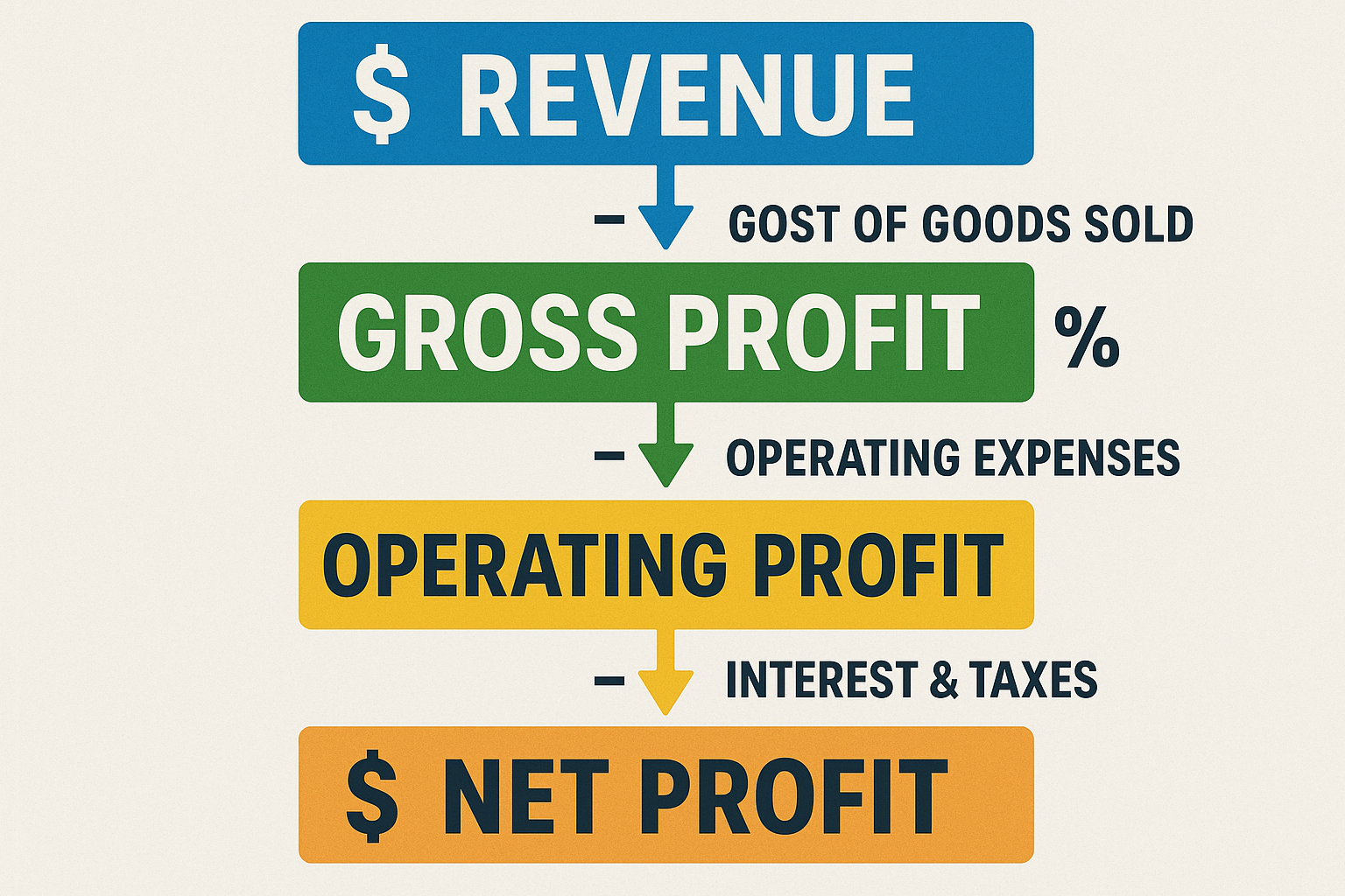 Create a 1536x1024 landscape infographic showing the three types of profit in a vertical flow chart. At the top, show "Revenue" in a large b