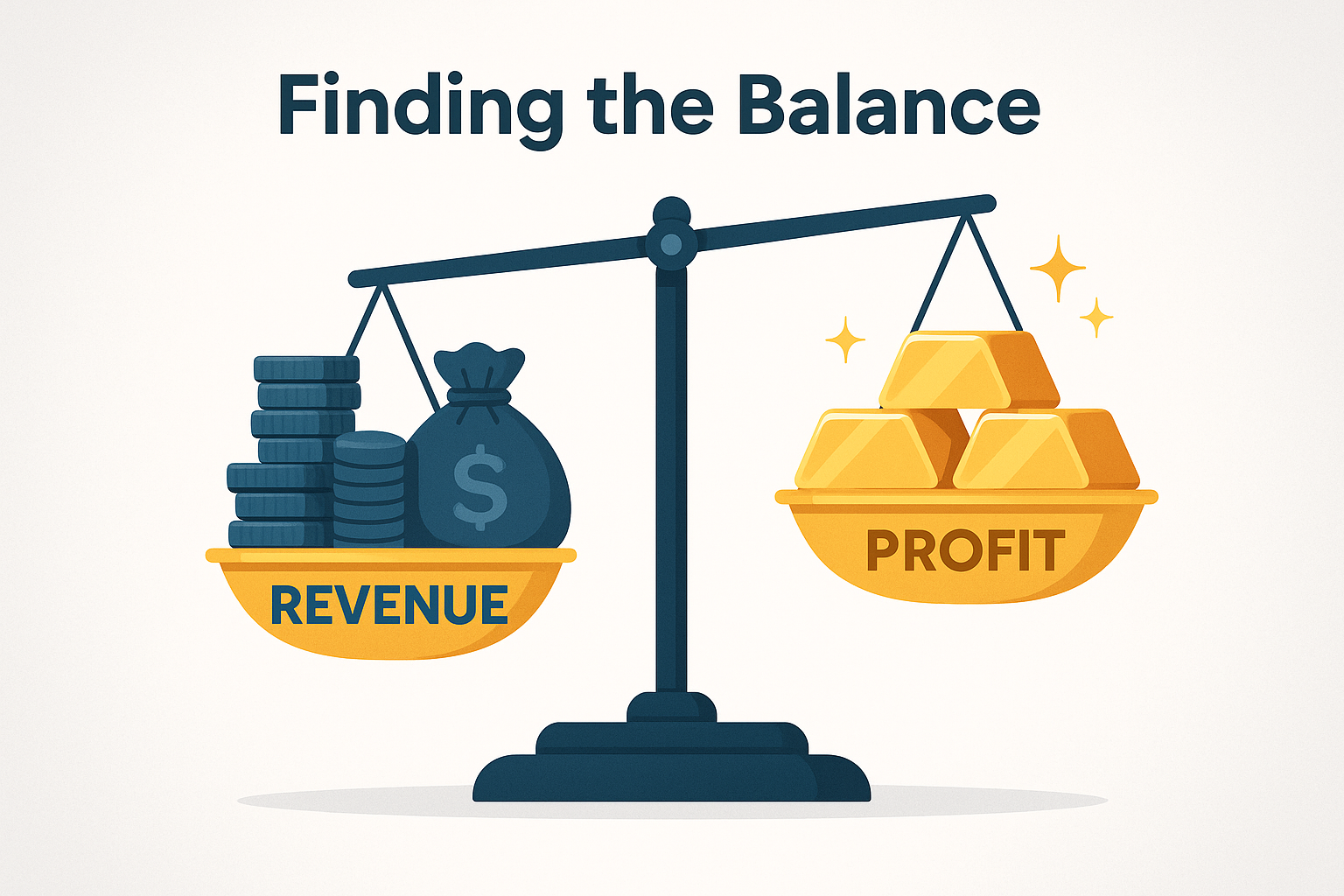 Create a 1024x1024 square illustration showing a balance scale. On one side, place multiple stacked coins or money bags labeled "Revenue" in