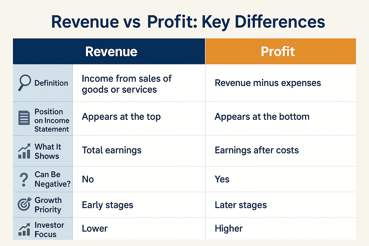 Create a 1536x1024 landscape comparison table infographic titled "Revenue vs Profit: Key Differences" at the top in bold typography. Create 