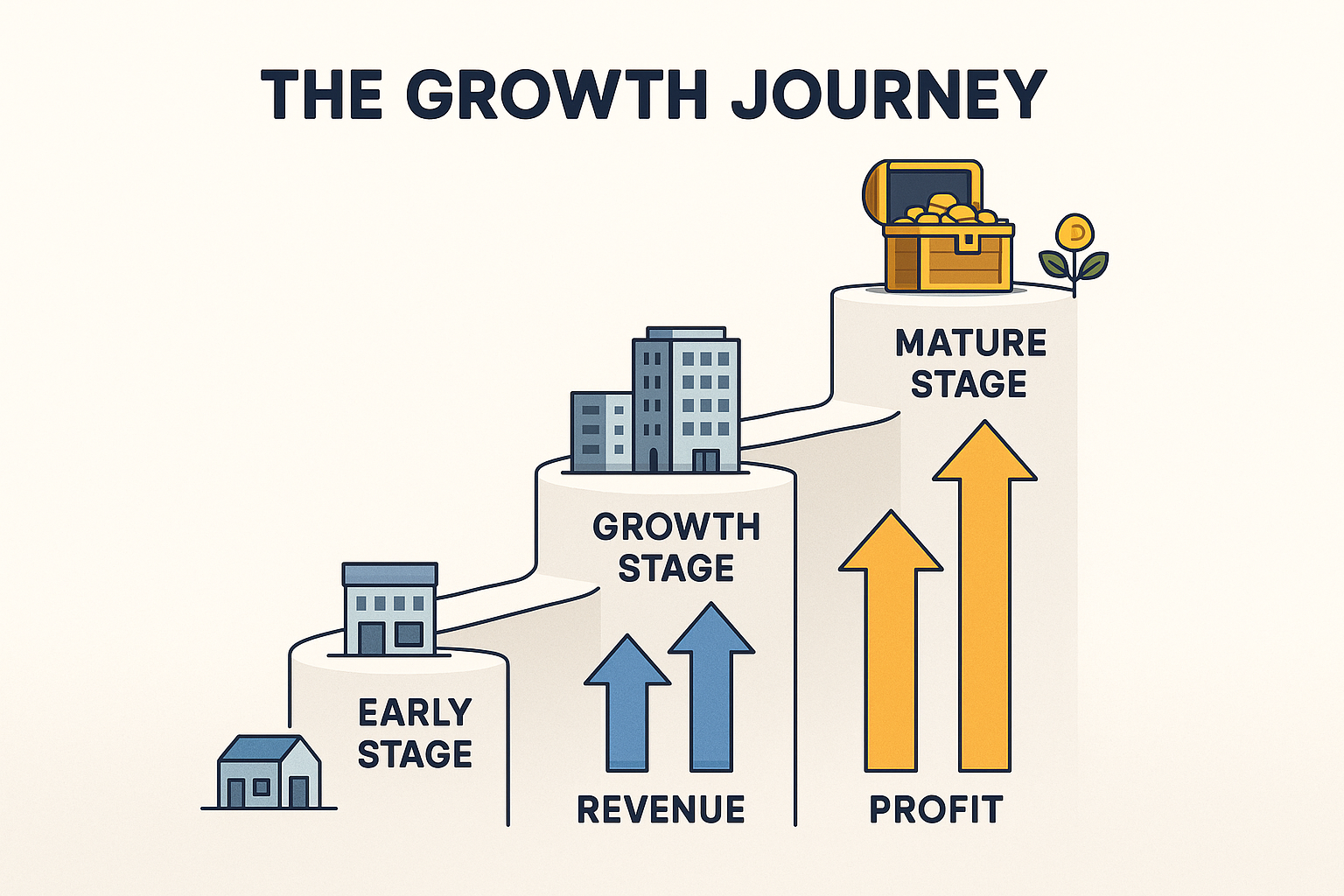 Create a 1024x1024 square illustration showing a business growth journey as a winding path or staircase. At the bottom/start, show "Early St