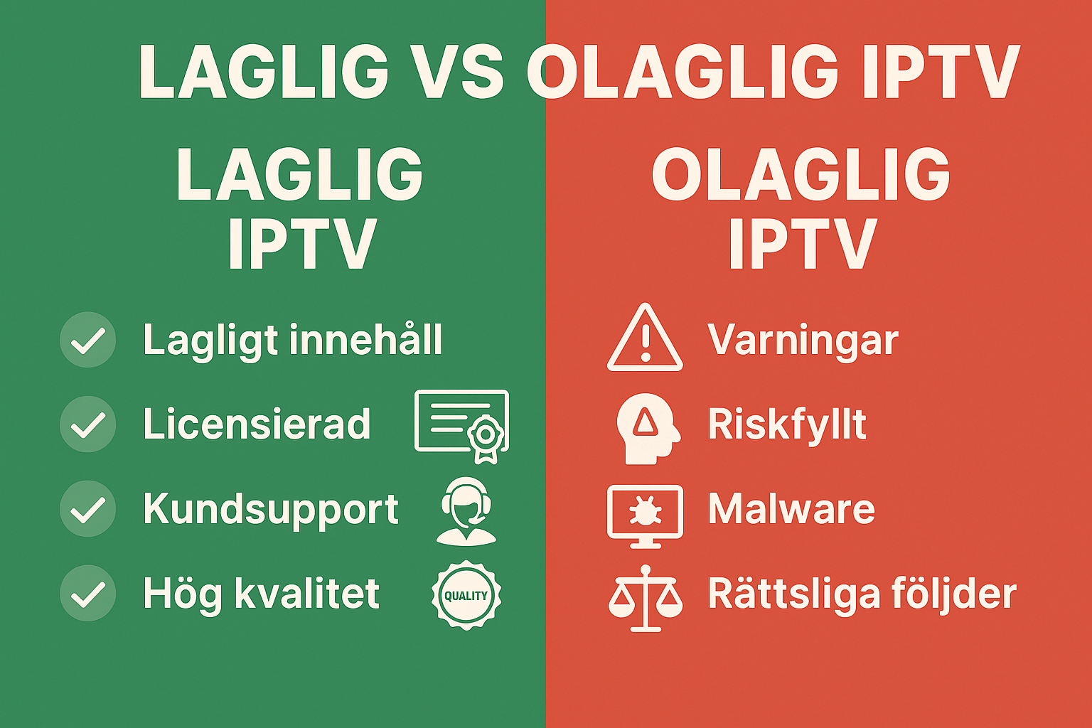 Create a detailed infographic in landscape format (1536x1024) comparing legal vs illegal IPTV services. Split the image vertically into two