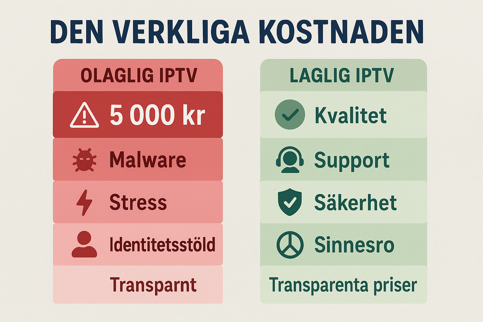 Create a landscape image (1536x1024) showing the consequences and costs of illegal IPTV use. Design as a visual cost breakdown with two colu