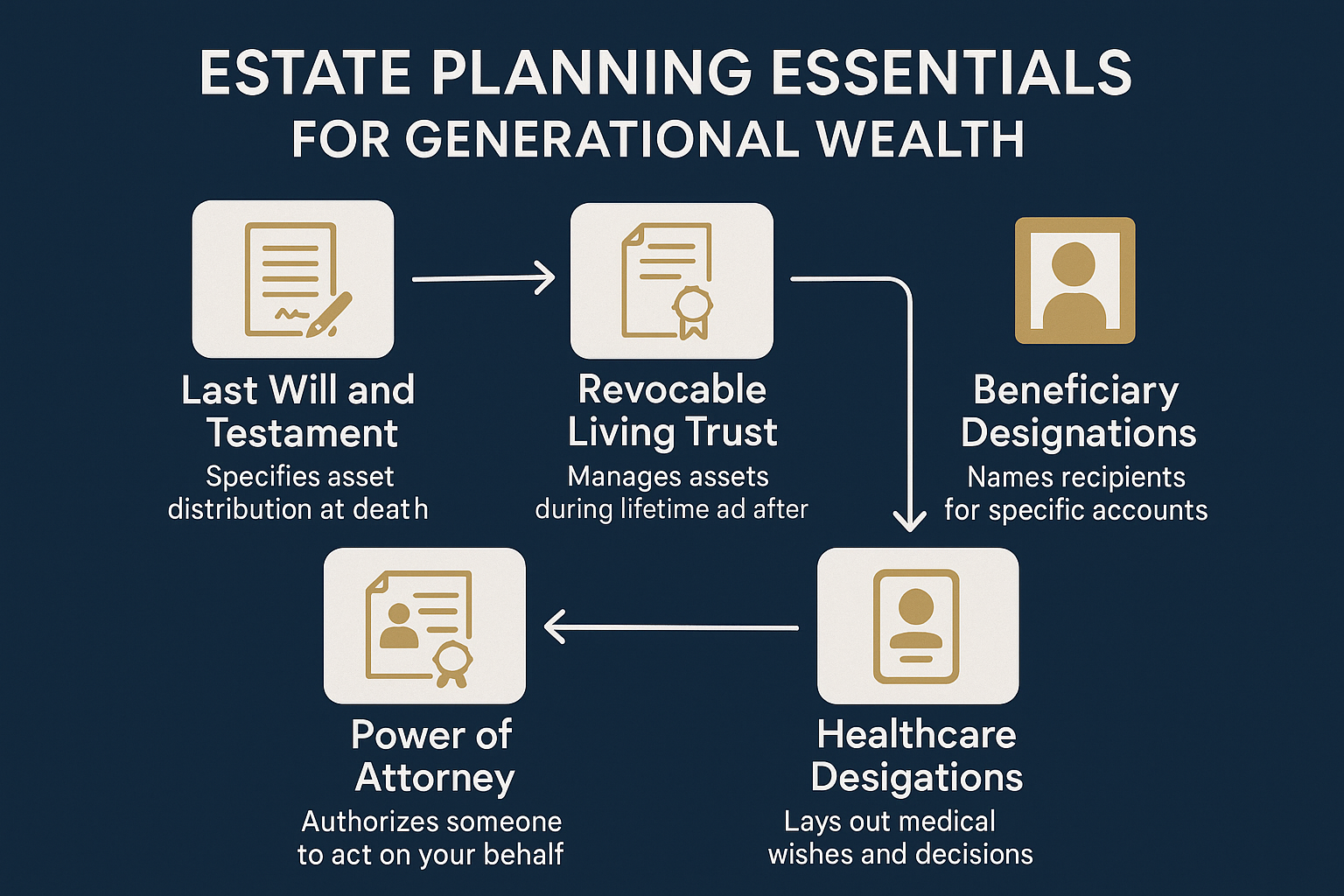 Create a 1536x1024 landscape infographic titled "Estate Planning Essentials for Generational Wealth" showing five key documents arranged in 