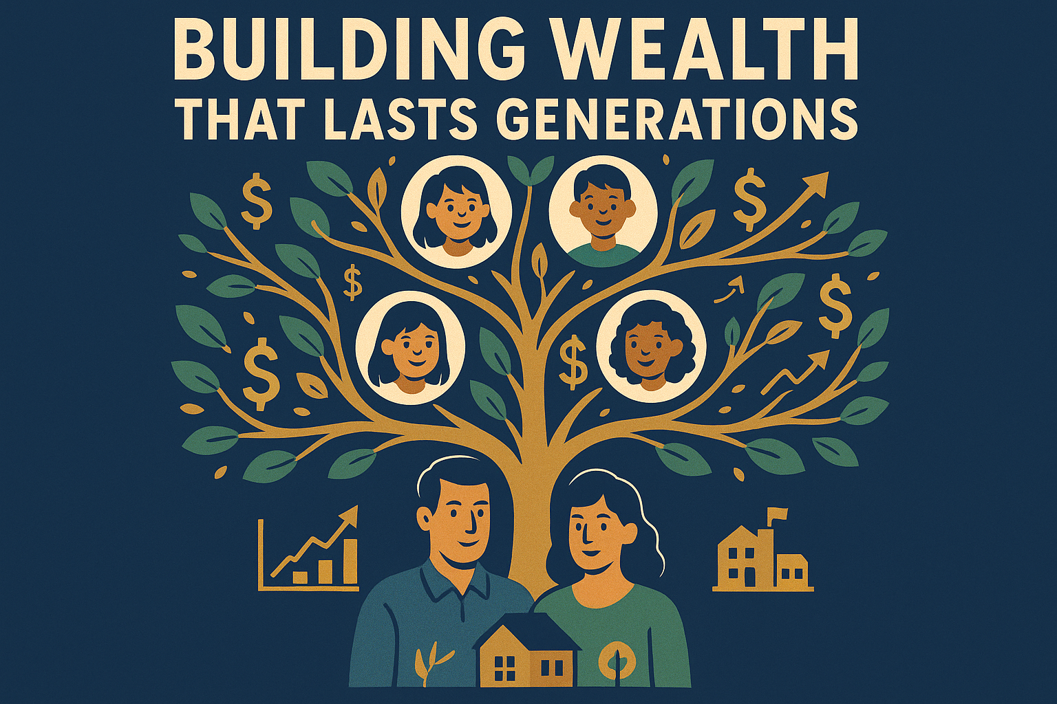 Create a 1024x1024 square illustration showing a family tree structure with financial symbols. At the base, show a couple with investment sy