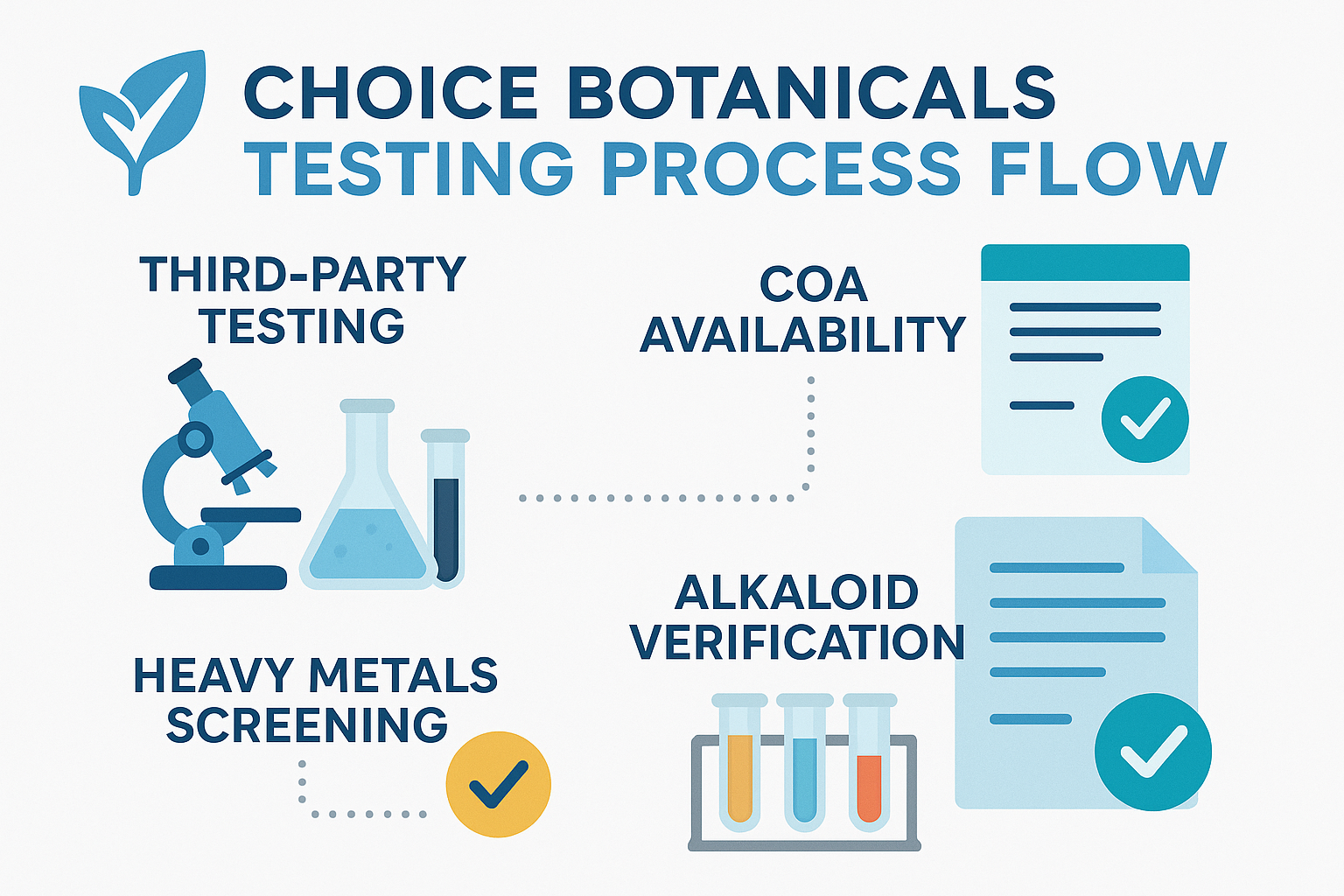 Professional infographic in 1536x1024 landscape format showing Choice Botanicals' testing process flow. Display laboratory equipment, test t