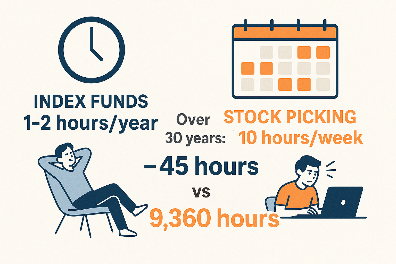 Create a landscape infographic (1536x1024) comparing time commitment between index funds and stock picking. On the left side, show a simple 