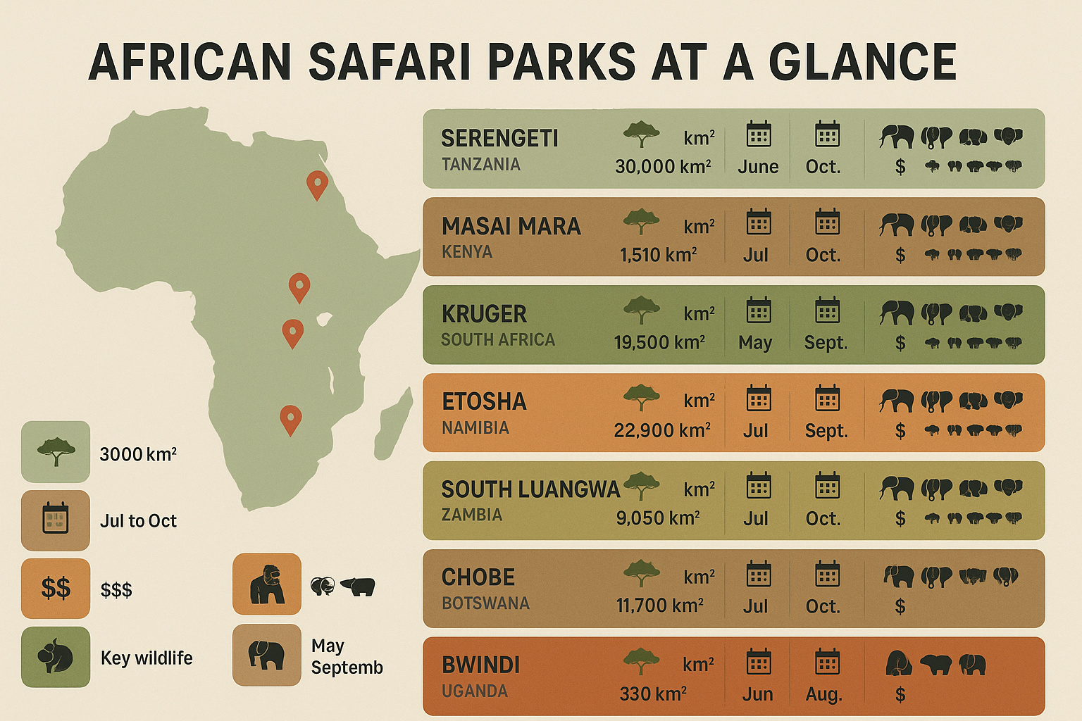 Landscape infographic (1536x1024) comparing the eight major African safari parks. Clean, modern design with a map of Africa showing park loc