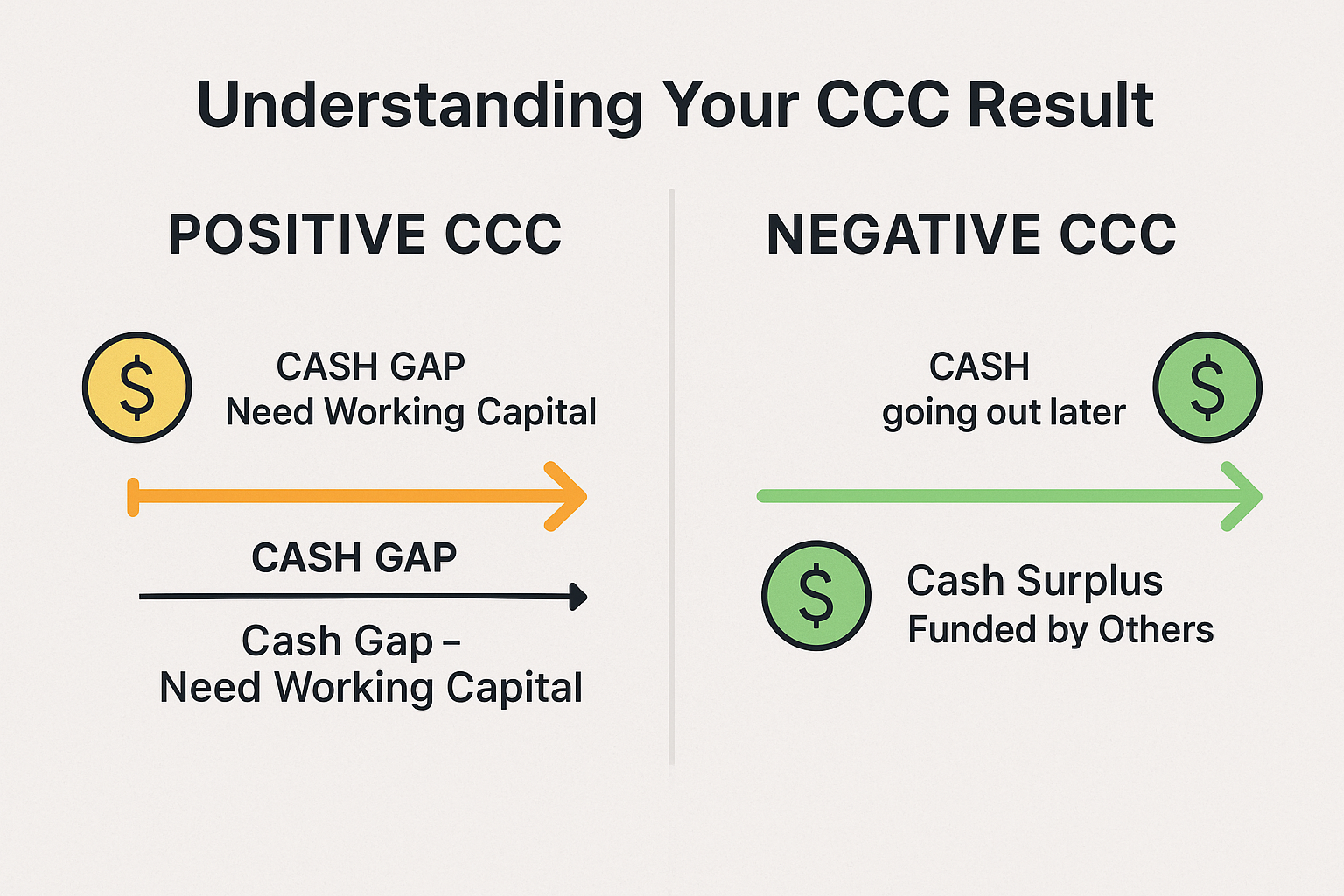 Create a comparison infographic in landscape format (1536x1024) showing "Positive vs Negative CCC" side by side. Left side