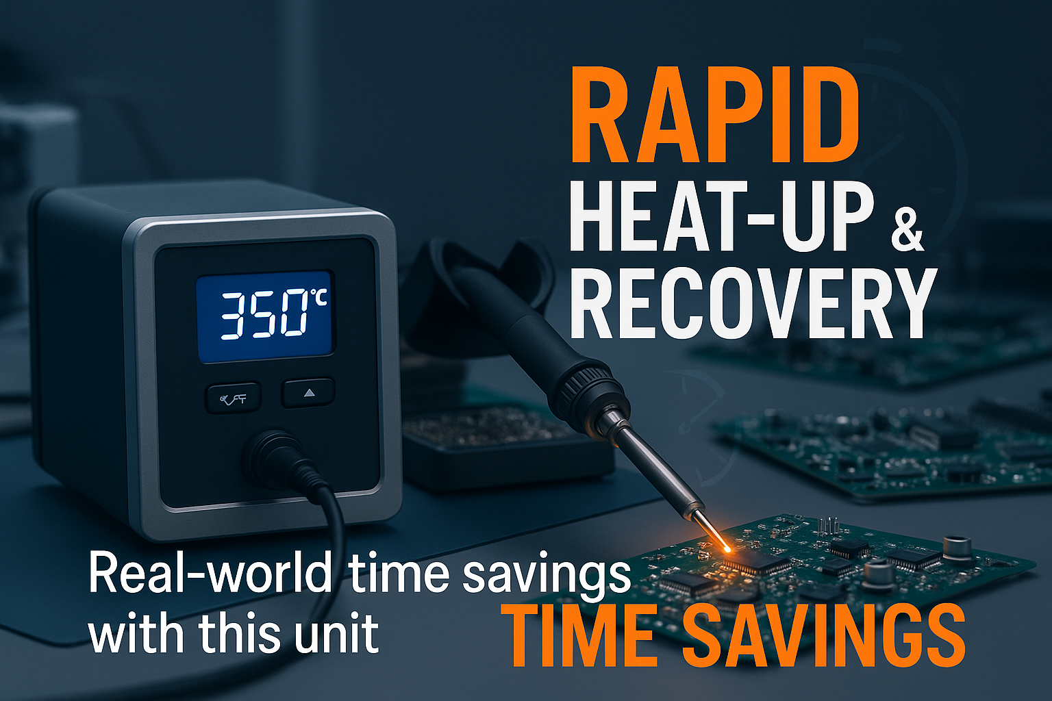 Create a 1536x1024 landscape cover image featuring a modern soldering station with glowing heating element and digital temperature display s