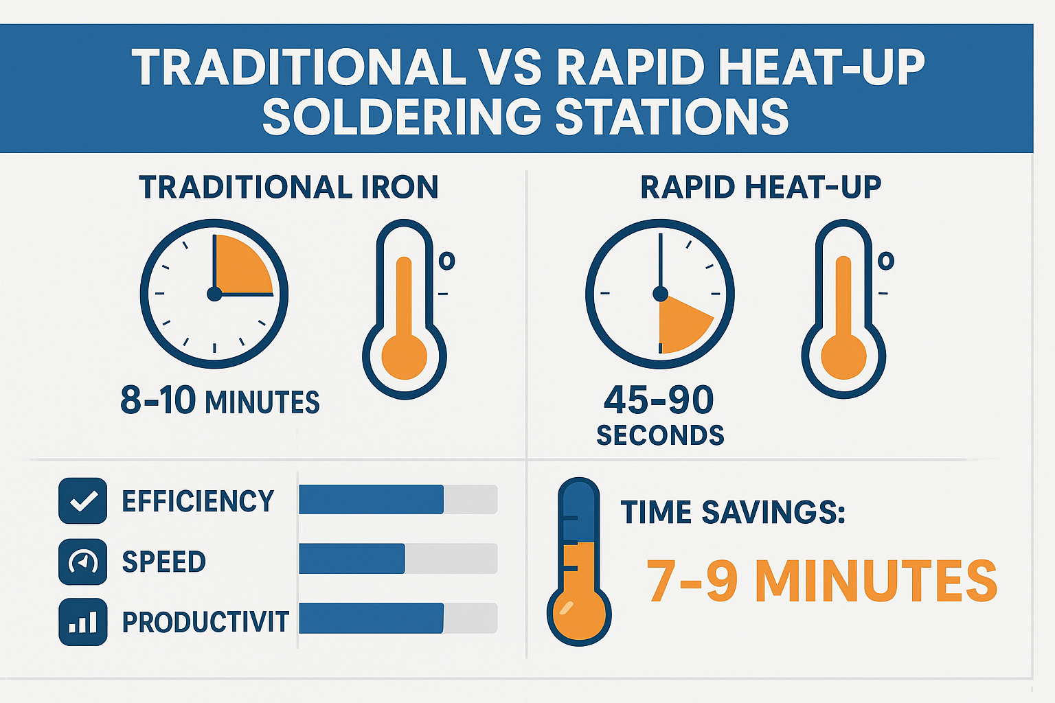 Create a 1536x1024 landscape infographic comparing traditional vs rapid heat-up soldering stations. Show two side-by-side timelines with clo