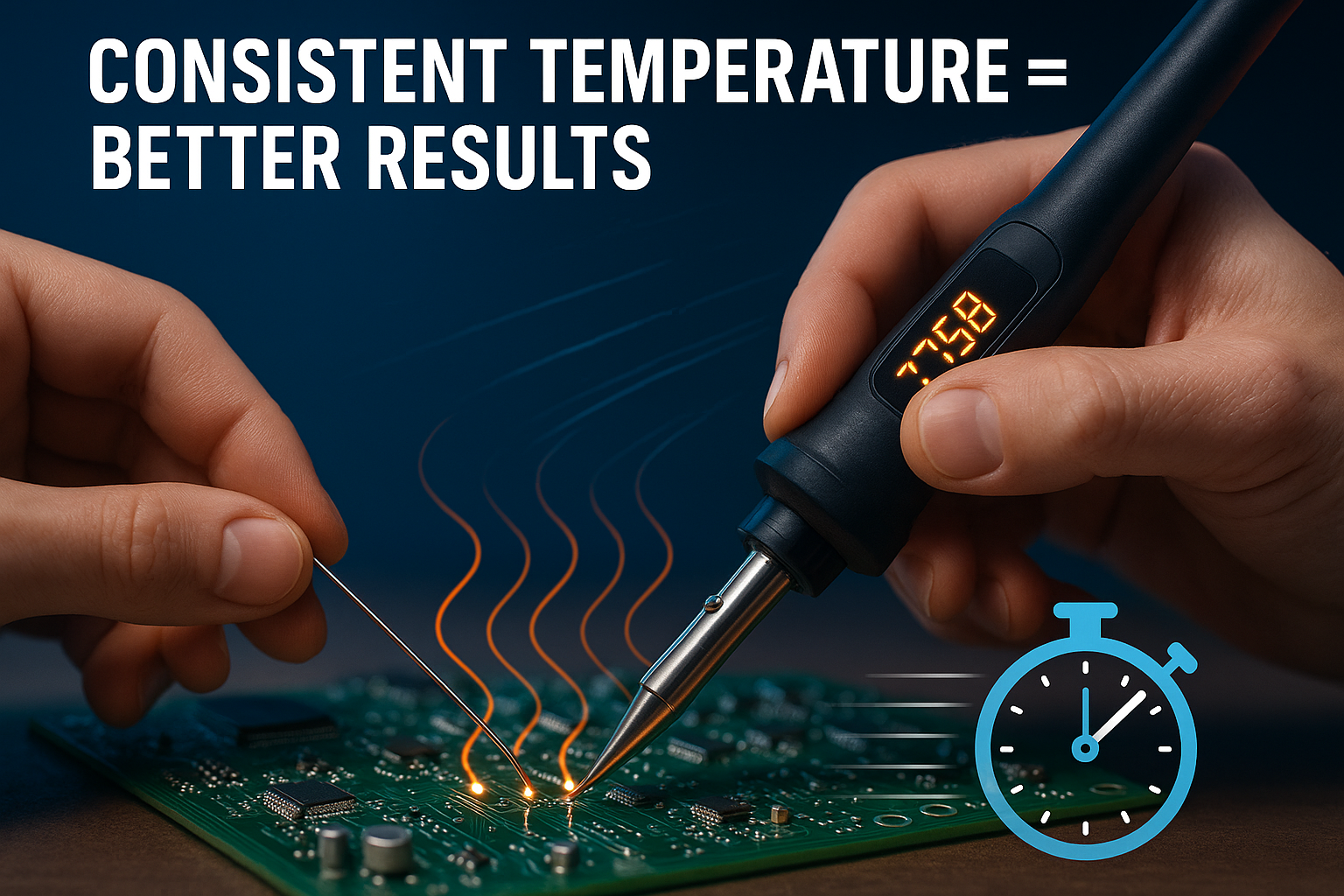 Create a 1024x1024 square image showing a close-up of hands using a rapid heat-up soldering iron on a circuit board with visible temperature