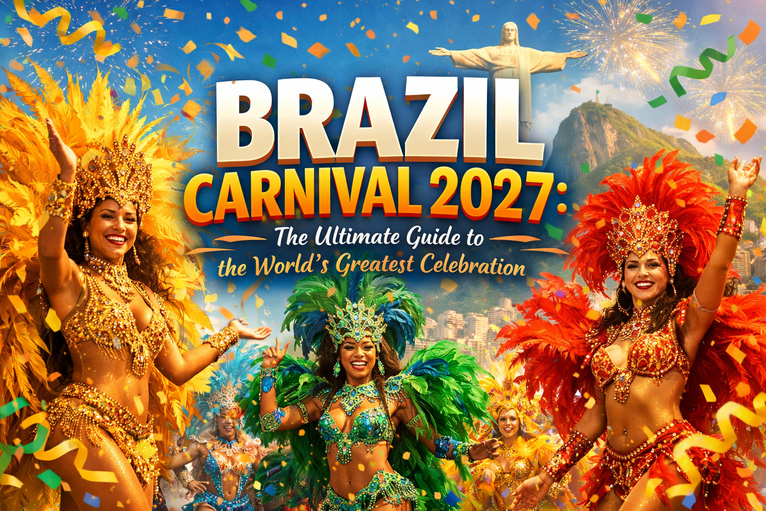 Cover image - Create a vibrant 1536x1024 landscape cover image featuring colorful Brazilian carnival dancers in elaborate feathered costumes