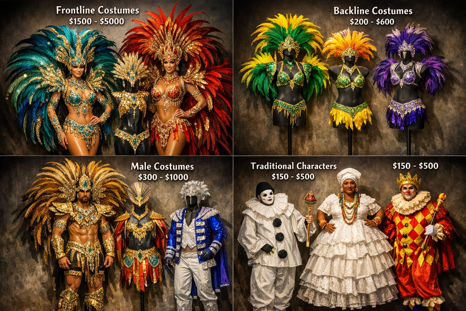 Design a 1024x1024 square image showcasing different types of Brazilian Carnival costumes arranged in an attractive display. Include example