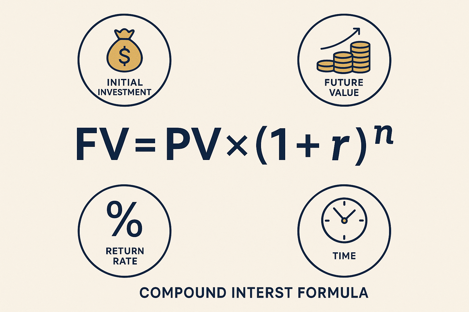 Square 1024x1024 illustration showing the compound interest formula visually explained. Central focus: the formula "FV = PV × (1 + r)^n" in 