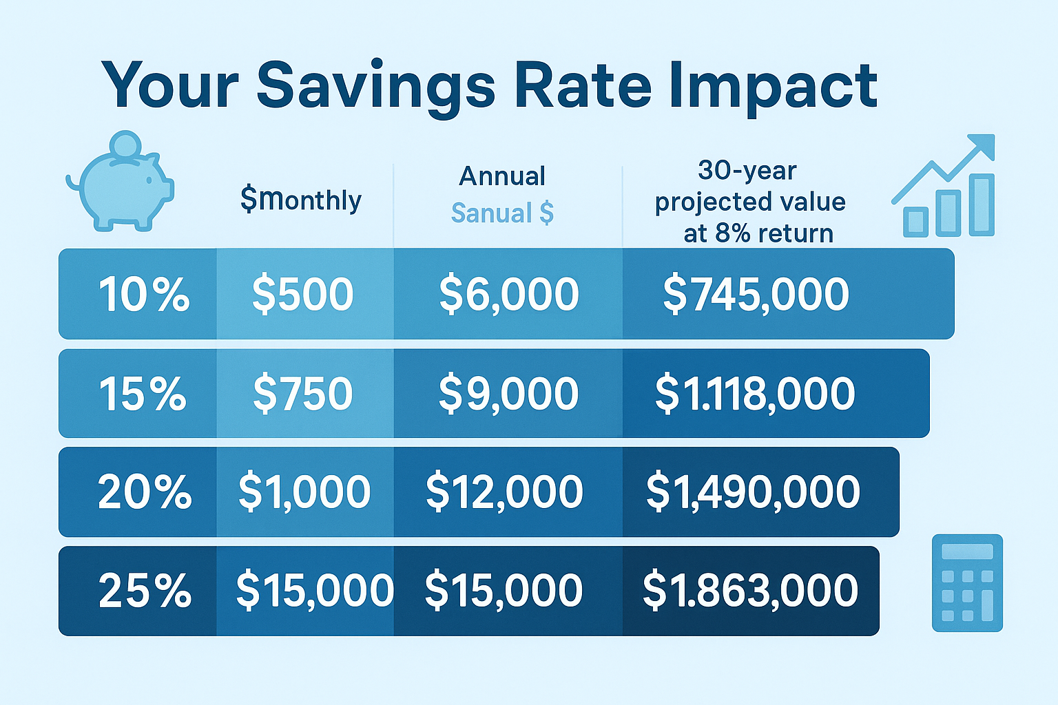 Landscape 1536x1024 infographic titled "Your Savings Rate Impact". Horizontal bar chart showing different savings rates (10%, 15%, 20%, 25%)