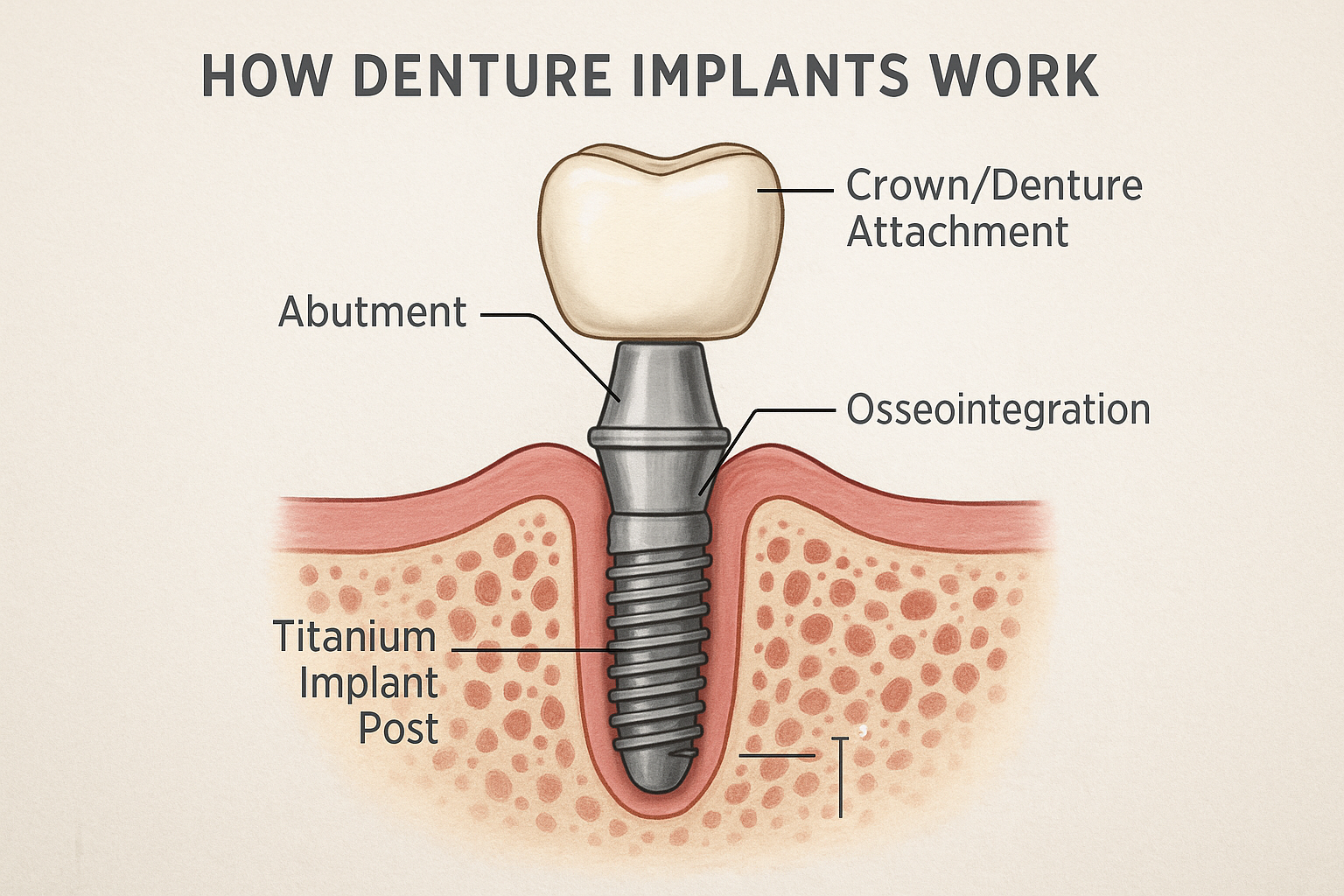 Create a square 1024x1024 image showing a cross-section diagram of a denture implant in the jawbone. Display the titanium implant post, abut