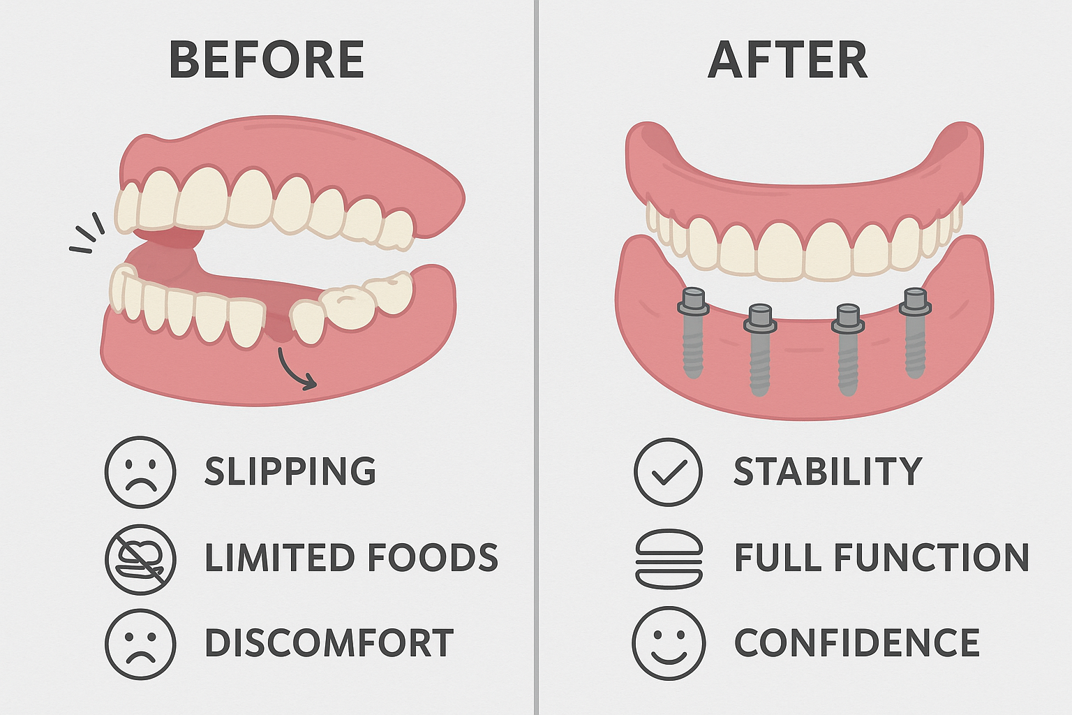 Create a before and after comparison image in 1536x1024 landscape format showing the difference between traditional dentures and denture imp
