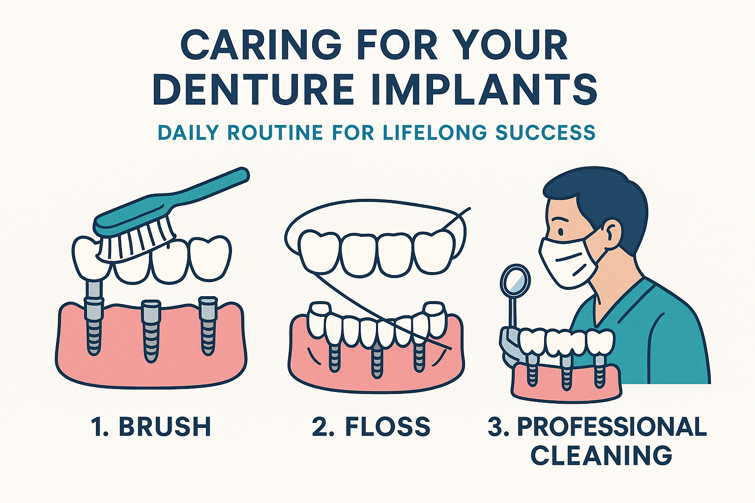 Create a maintenance and care guide infographic in 1024x1024 square format showing daily care routine for denture implants. Include illustra